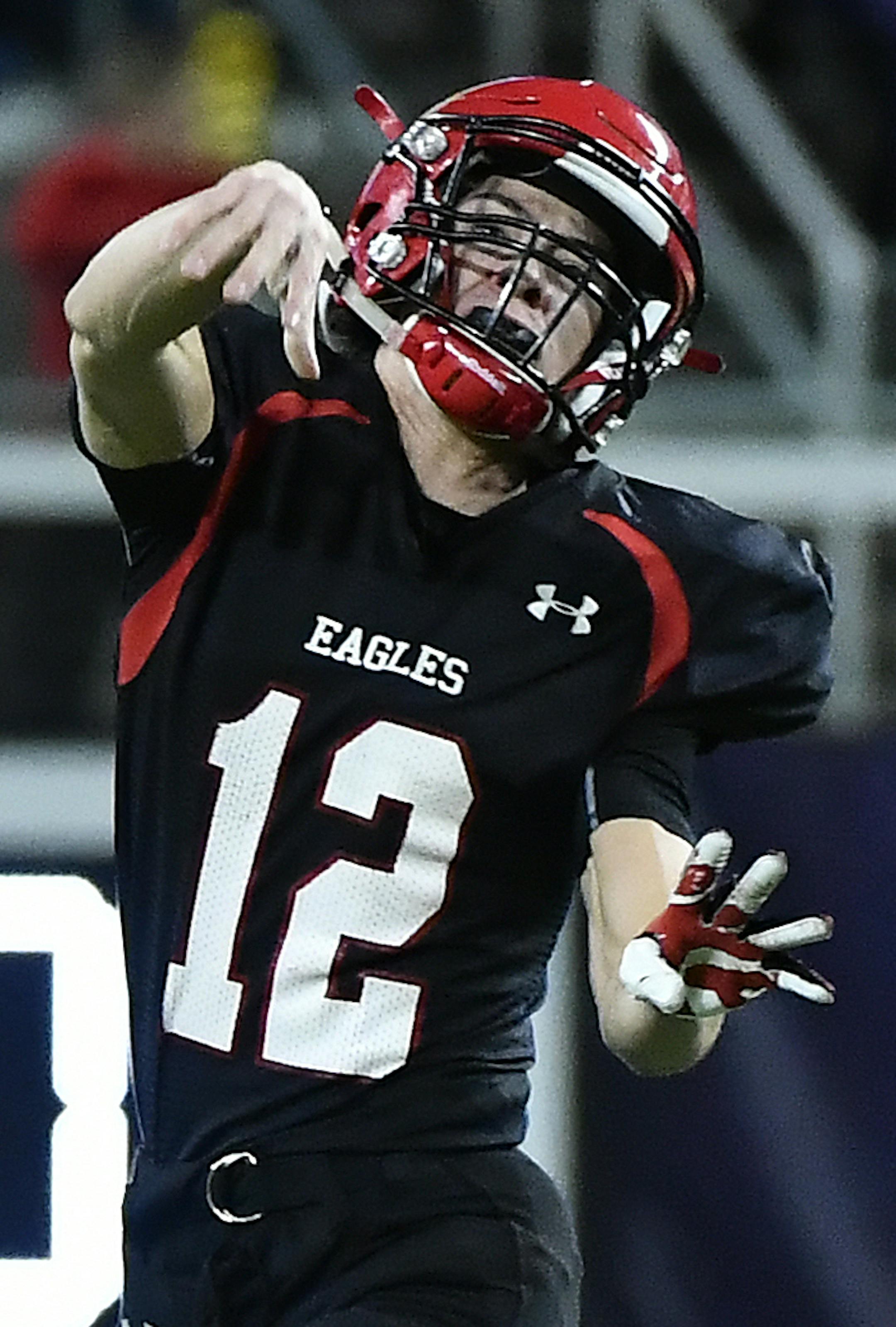 Eden Prairie quarterback Cole Kramer (12) threw an incomplete pass while being defended by Totino Grace linebacker Ryan Kusch ( 45) in the second quarter. ] (AARON LAVINSKY/STAR TRIBUNE) aaron.lavinsky@startribune.com Eden Prairie played Totino Grace in the Class 6A Championship Game of the the Prep Bowl on Friday, Nov. 25, 2016 at U.S. Bank Stadium in Minneapolis, Minn.