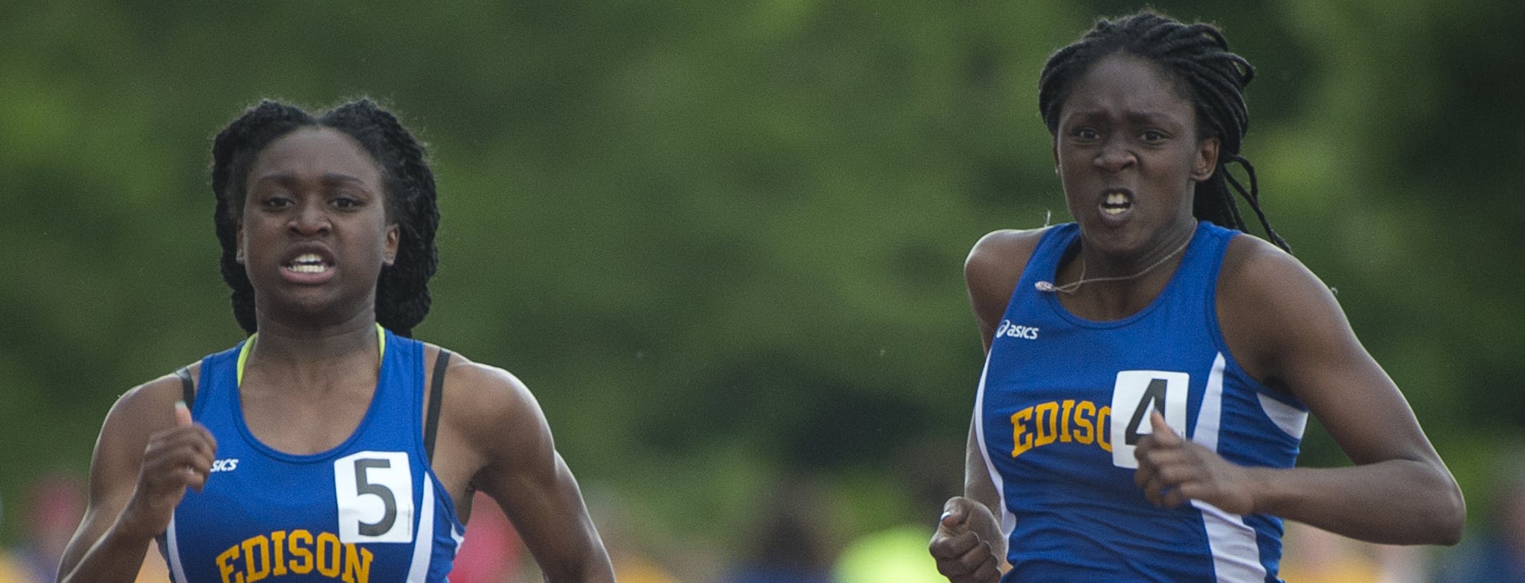 Sisters Jia (5) and Jada Lewis (4) raced neck and neck in the 1A 100 meter dash Saturday. Jia won the event with a time of 12.49 with Jada finishing close behind clocking in at 12.50. ] Aaron Lavinsky • aaron.lavinsky@startribune.com The Class 1A and 2A state track meets were held Saturday, June 6, 2015 at Hamline University in St. Paul.