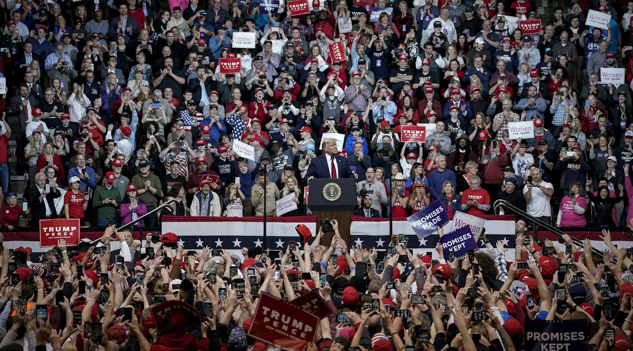 MANCHESTER, NH - FEBRUARY 10: Supporters cheer as U.S. President Donald Trump arrives for a "Keep America Great" rally at Southern New Hampshire University Arena on February 10, 2020 in Manchester, New Hampshire. New Hampshire will hold its first in the national primary on Tuesday. (Photo by Drew Angerer/Getty Images/TNS) ORG XMIT: 1573103