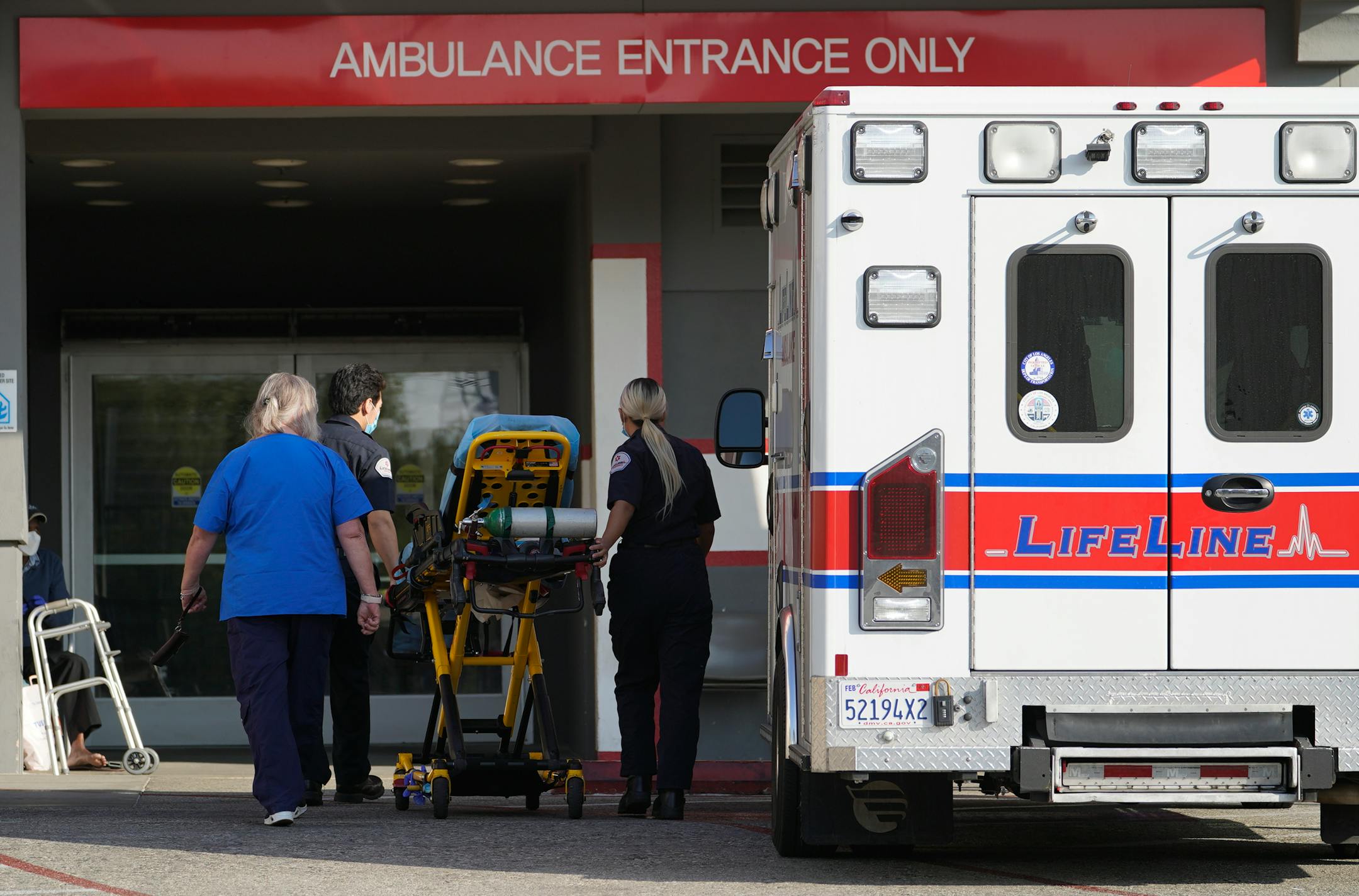 In this Jan. 5 photo, a LifeLine Ambulance arrives at the CHA Hollywood Presbyterian Medical Center  in Los Angeles. (AP Photo/Damian Dovarganes, File)