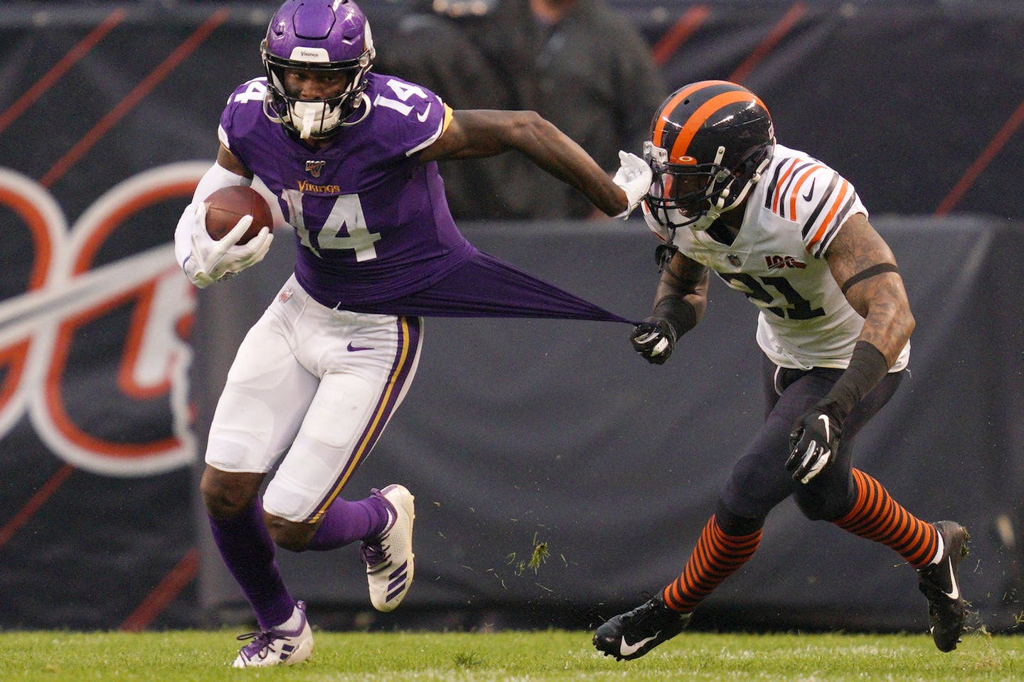 Minnesota Vikings wide receiver Stefon Diggs (14) raced down the field with the ball as Chicago Bears strong safety Ha Ha Clinton-Dix (21) pulled on his jersey in the fourth quarter. ] ANTHONY SOUFFLE &#x2022; anthony.souffle@startribune.com The Minnesota Vikings played the Chicago Bears in an NFL football game Sunday, Sept. 29, 2019 at Soldier Field in Chicago.