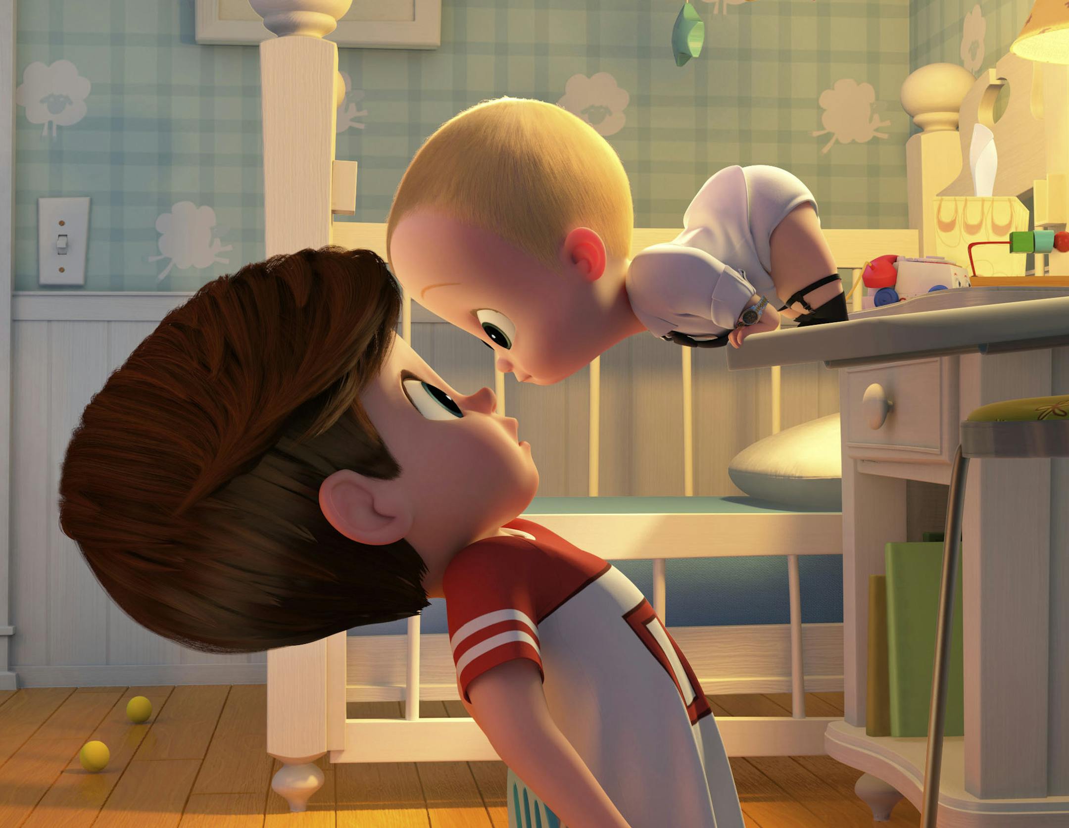 This image released by DreamWorks Animation shows characters Tim, voiced by Miles Bakshi, left, and Boss Baby, voiced by Alec Baldwin in a scene from the animated film, "The Boss Baby." (DreamWorks Animation via AP)