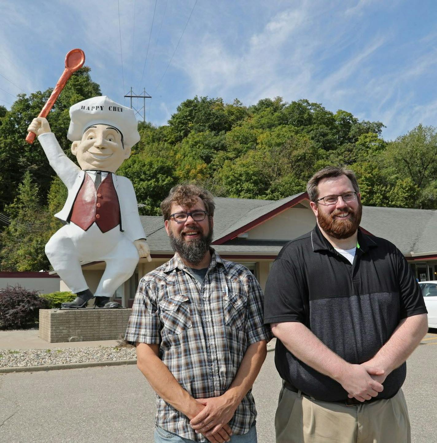 The voice of the Happy Chef, Ben Findley (left), and restaurant owner Adrian Swales were photographed in Mankato on Wednesday, Sept. 12, 2018.