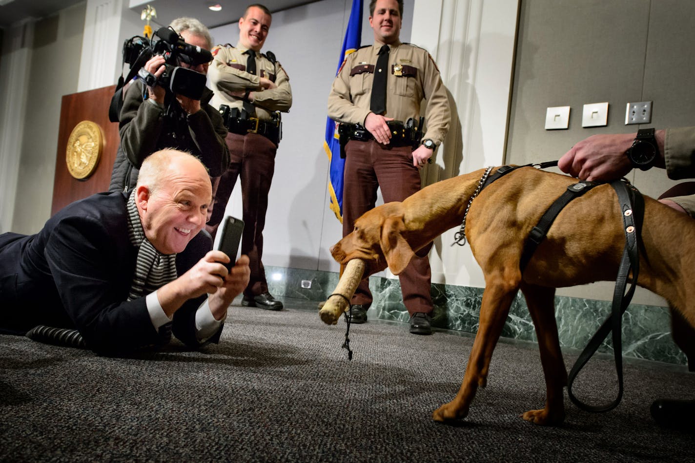 WCCO's Pat Kessler and other media took photos of the adorable Matka. In addition to being an excellent detection dog, Matka was chosen because she is extremely friendly and social interacting with the public. ] GLEN STUBBE * gstubbe@startribune.com Wednesday, January 13, 2015 Minnesota State Patrol introduced the department's first explosives detecting dog, Matka, a 1 1/2-year-old Hungarian vizla will patrol the State Capitol grounds with handler Trooper Kaj Meinhardt. Matka demonstrated an exp