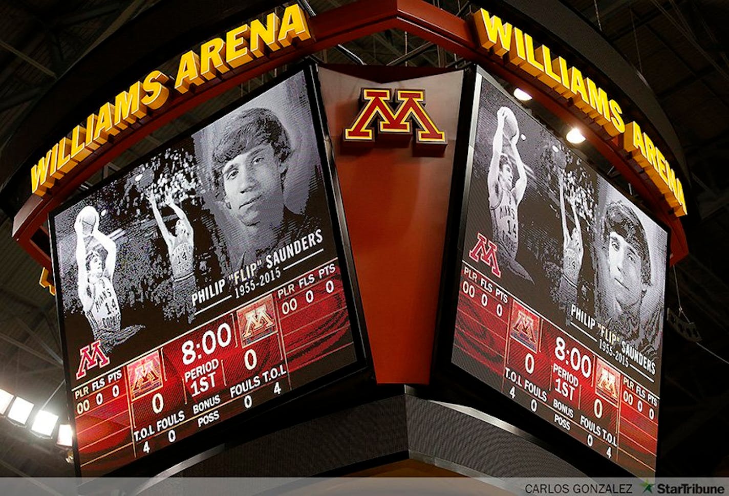 The scoreboard display at Williams Arena on Sunday before a Gophers scrimmage.