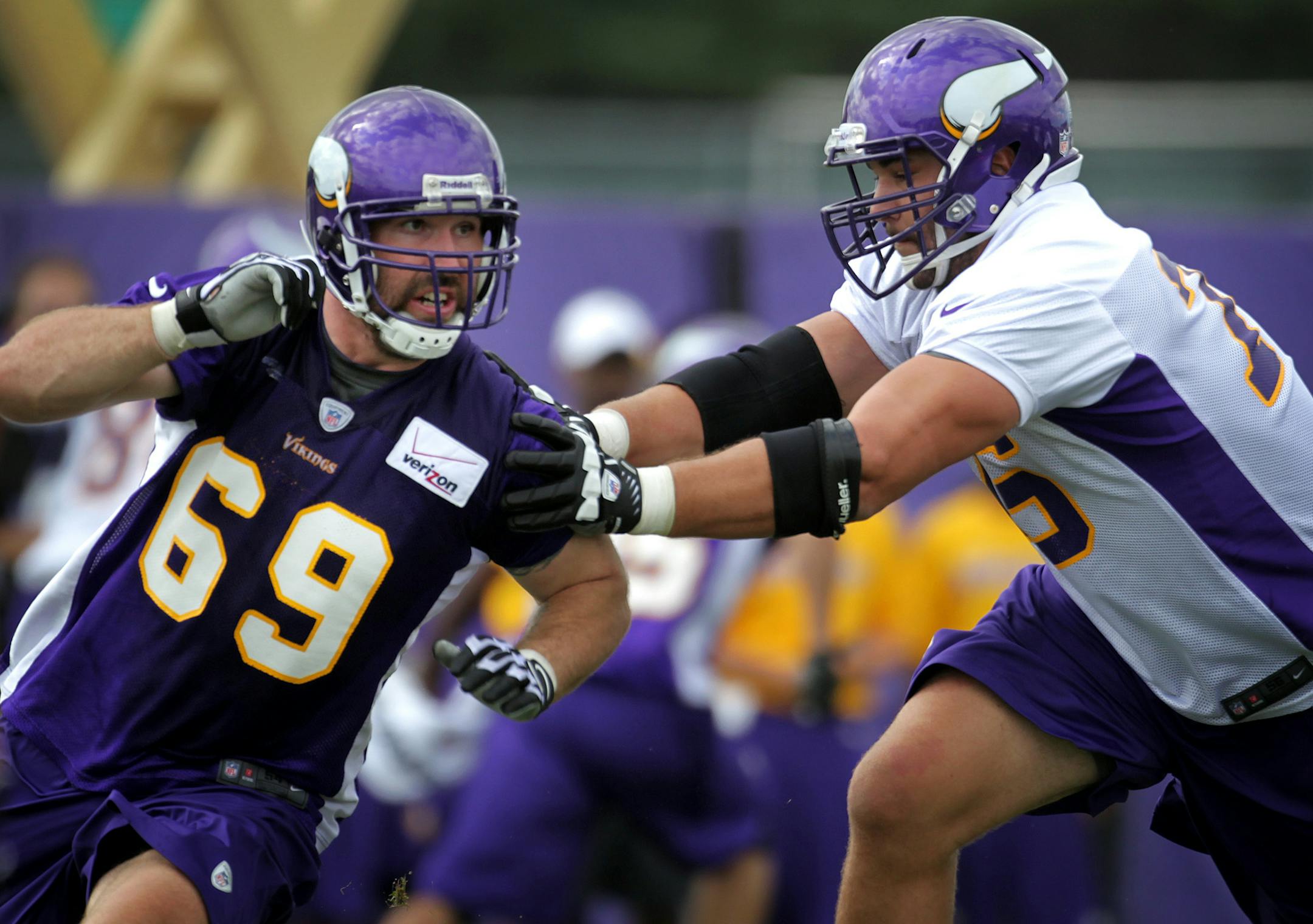 Vikings rookie offensive tackle Matt Kalil battled Jared Allen during the second day of practice at Minnesota State University, Mankato Saturday July 28, 2012 Mankato ,MN . ] Jerry Holt/ STAR TRIBUNE.COM)