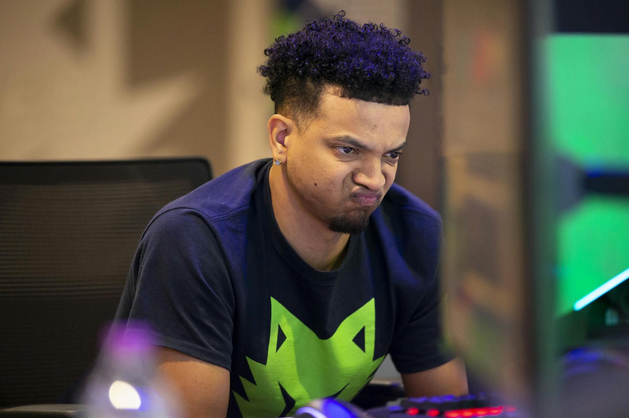 Michael Key reacted to a turnover from T-Wolves Gaming during a game of NBA 2K. "There's a lot of guys, 18, 19, that just came" into the league, he said. "I'm 27 but I'm in the same boat and have the same mentality they have."