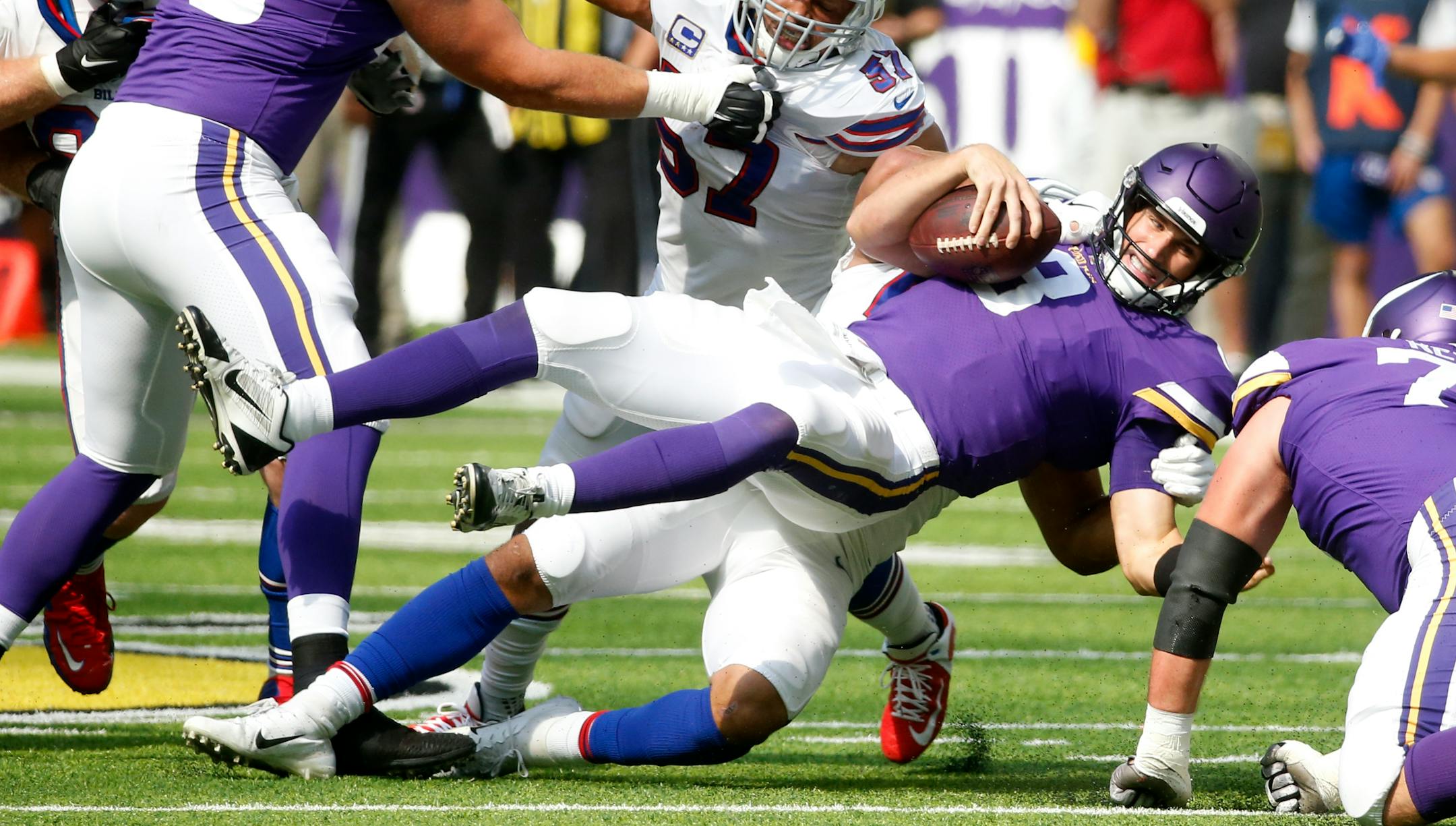 Vikings quarterback Kirk Cousins was sacked by Bills linebacker Matt Milano during the second half Sunday.