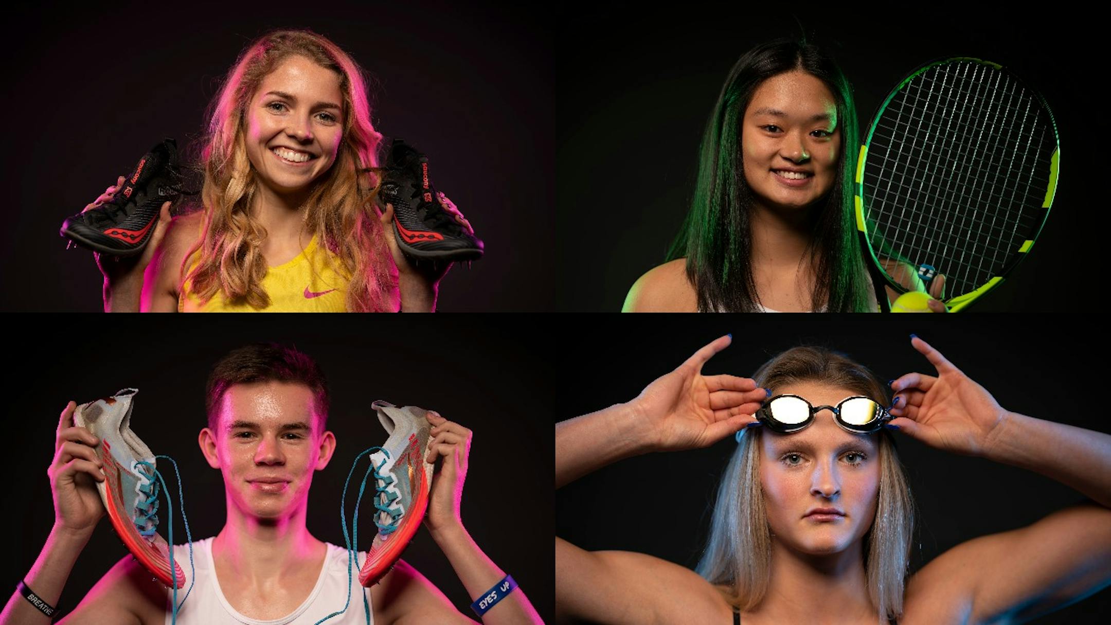 The Star Tribune's Athletes of the Year in fall individualized sports (clockwise from upper left): Stillwater's Analee Weaver (girls' cross-country), Blake's Arlina Shen (girls' tennis), Abby Kapeller (girls' swimming) and St. Paul Highland Park's Oliver Paleen (boys' cross-country).