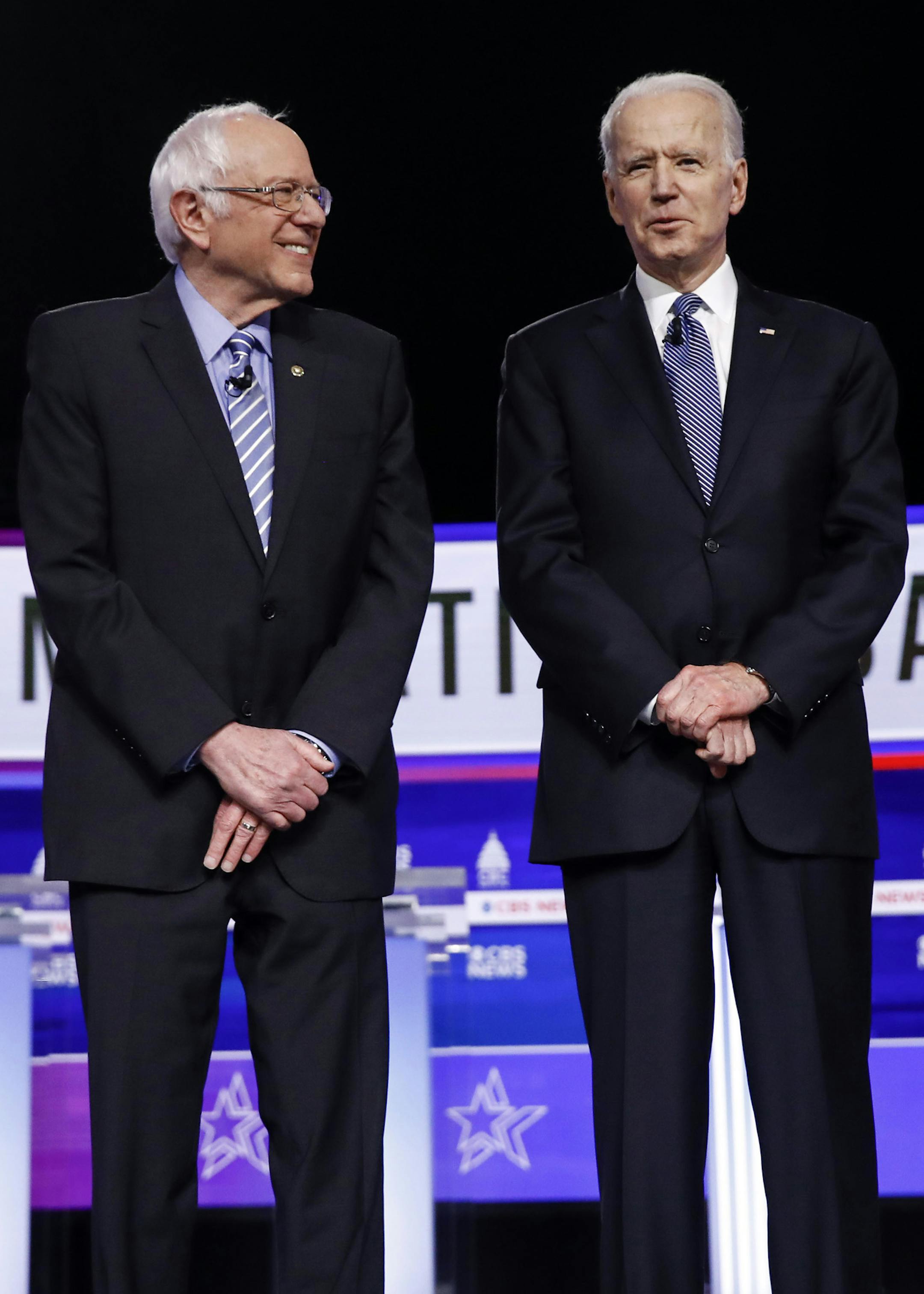 From left, Democratic presidential candidates, Sen. Elizabeth Warren, D-Mass., Sen. Bernie Sanders, I-Vt., former Vice President Joe Biden, and Sen. Amy Klobuchar, D-Minn., participate in a Democratic presidential primary debate, Tuesday, Feb. 25, 2020, in Charleston, S.C. (AP Photo/Matt Rourke)