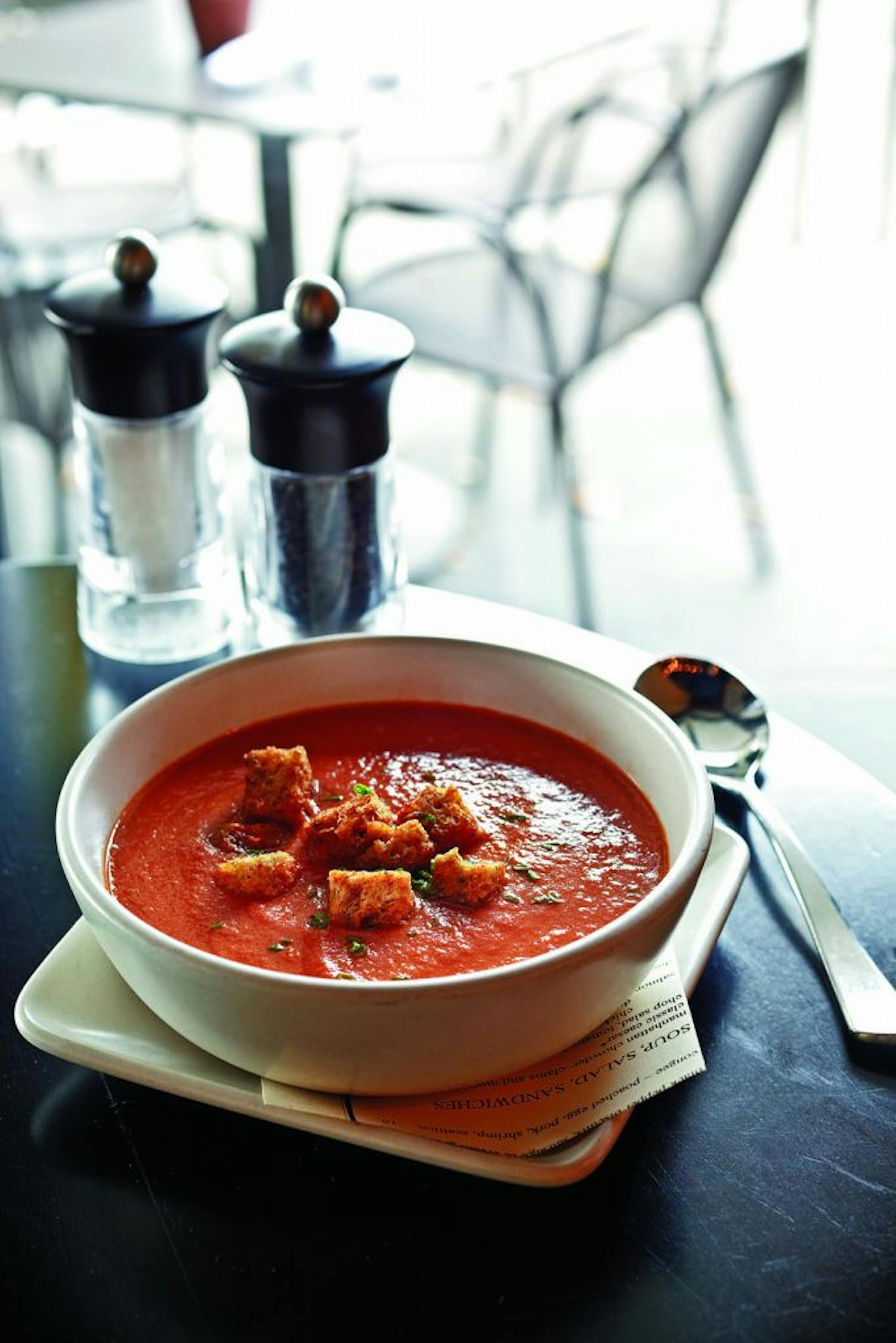 Credit: Ed AndersonTom's Tasty Tomato Soup with Brown Butter Croutons. From Dahlia Bakery cookbook.
