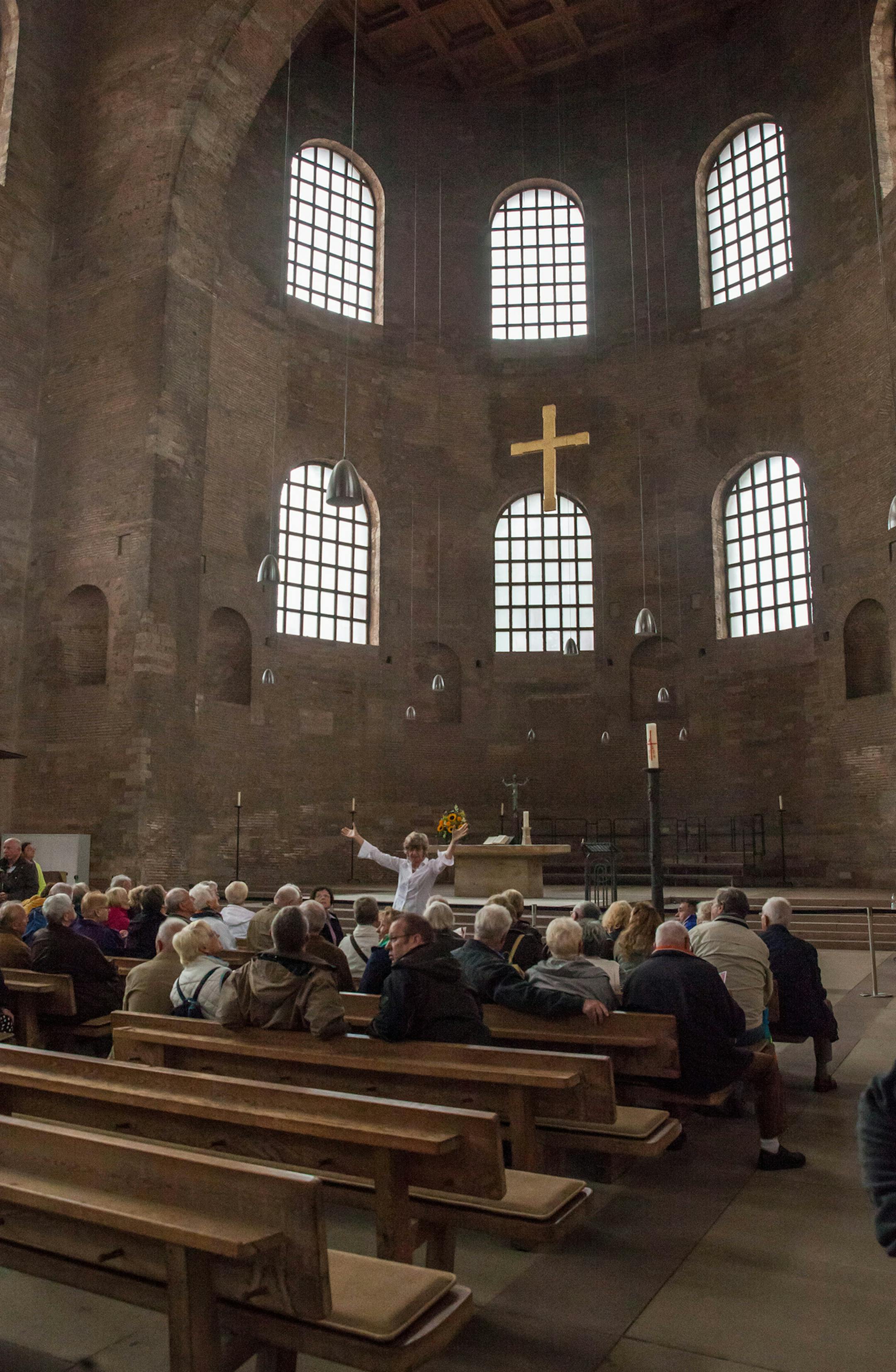 The restored Constantine Basilica, largest building without support pillars north of the Alps, was begun by Constantine and completed by Emperor Valentinian in the fourth century.