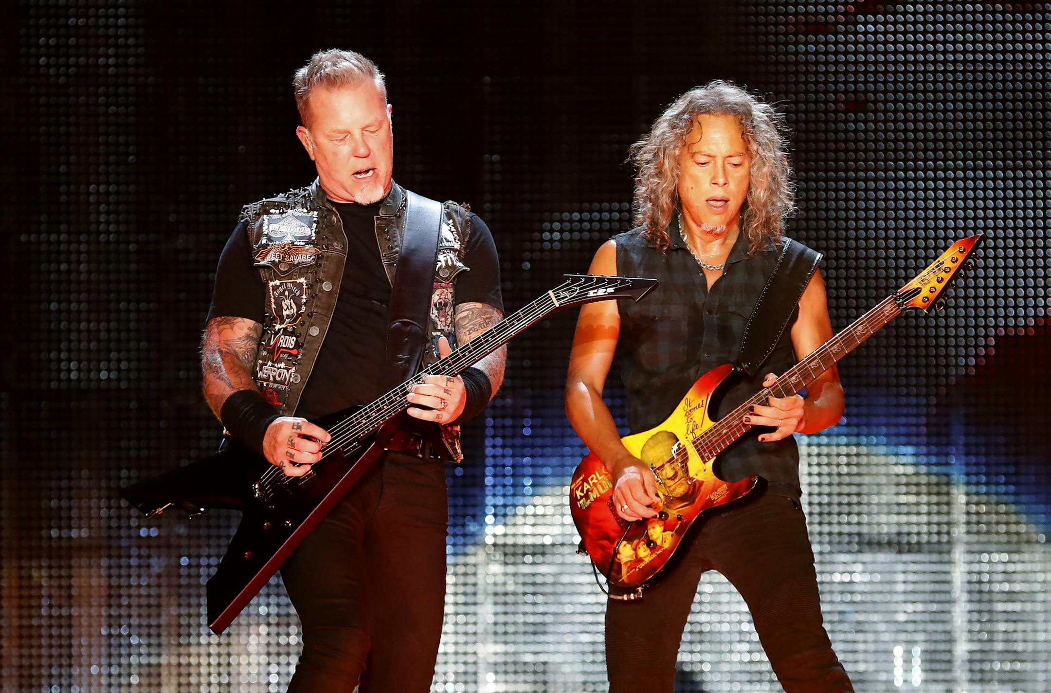 Metallica singer and guitarist James Hetfield and Kirk Hammett during a performance at US Bank Stadium.