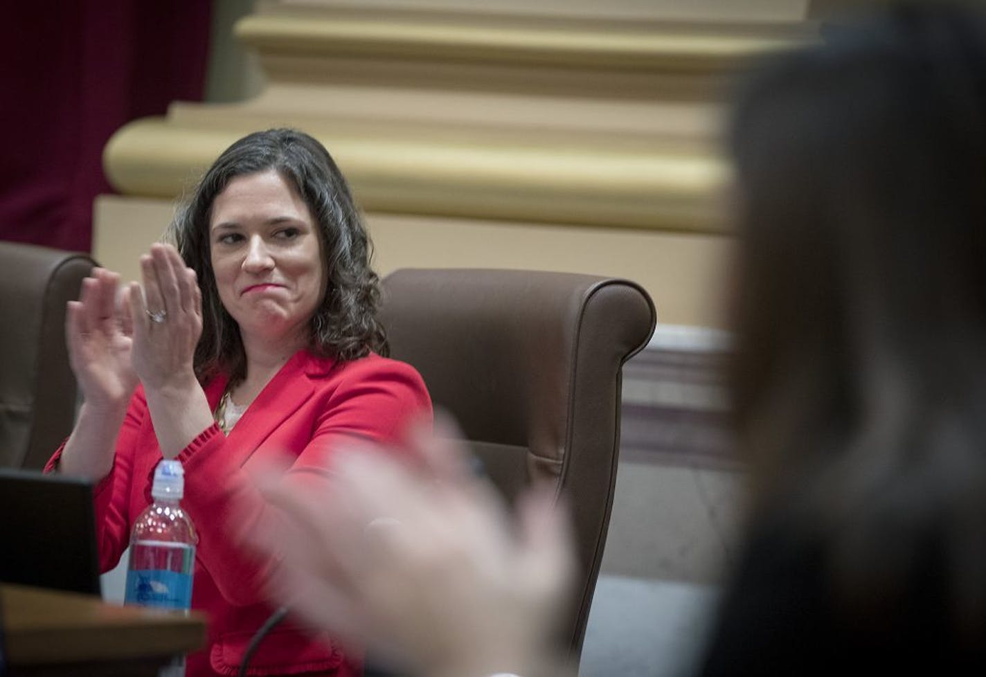 Minneapolis City Council's newest president Lisa Bender congratulated new members during the first City Council meeting of the year, Monday, January 8, 2018 in Minneapolis, MN.