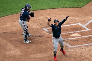 Twins third baseman Josh Donaldson celebrated after hitting a home run in a scrimmage at Target Field on July 9