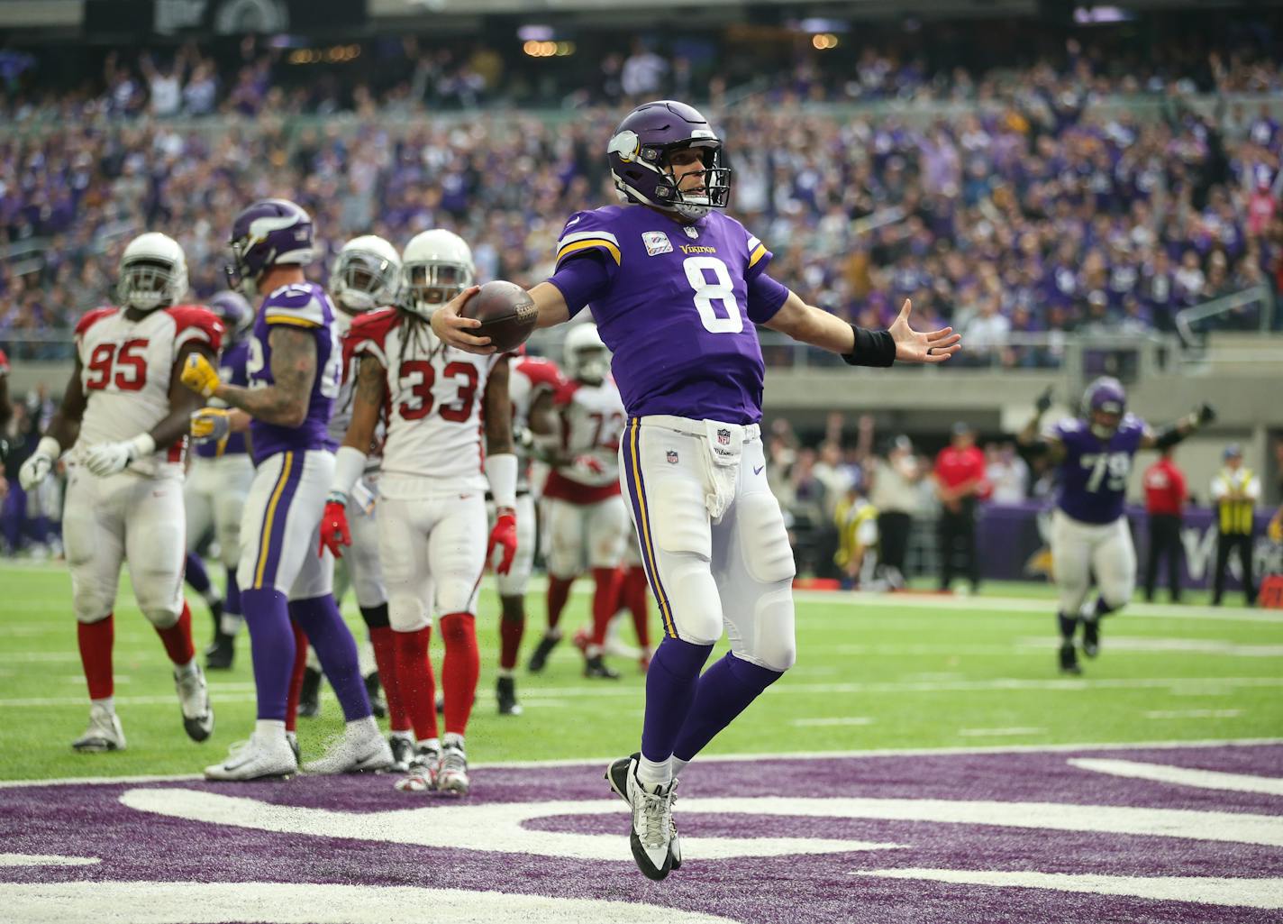 Minnesota Vikings quarterback Kirk Cousins prances into the end zone untouched on a 7-yard touchdown run in the third quarter against the Arizona Cardinals on Sunday, Oct. 14, 2018 at U.S. Bank Stadium in Minneapolis, Minn. (Jeff Wheeler/Minneapolis Star Tribune/TNS) ORG XMIT: 1242655