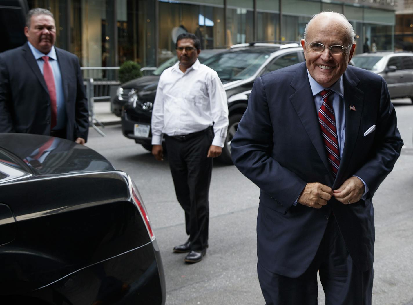 Former New York mayor Rudy Giuliani arrives at Trump Tower, Saturday, Oct. 8, 2016, in New York. Republican leaders from Utah to Alabama called on Republican presidential candidate Donald Trump to quit the race after he bragged about groping women in a 2005 conversation caught on tape. (AP Photo/ Evan Vucci)