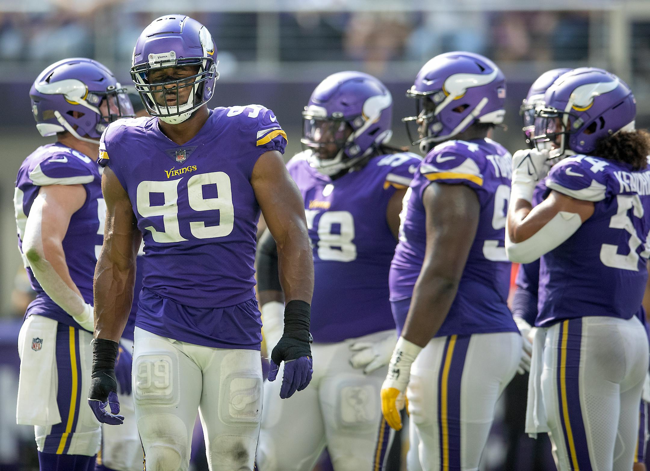 Vikings defensive end Danielle Hunter (99) showed his frustration in the first quarter of the game.