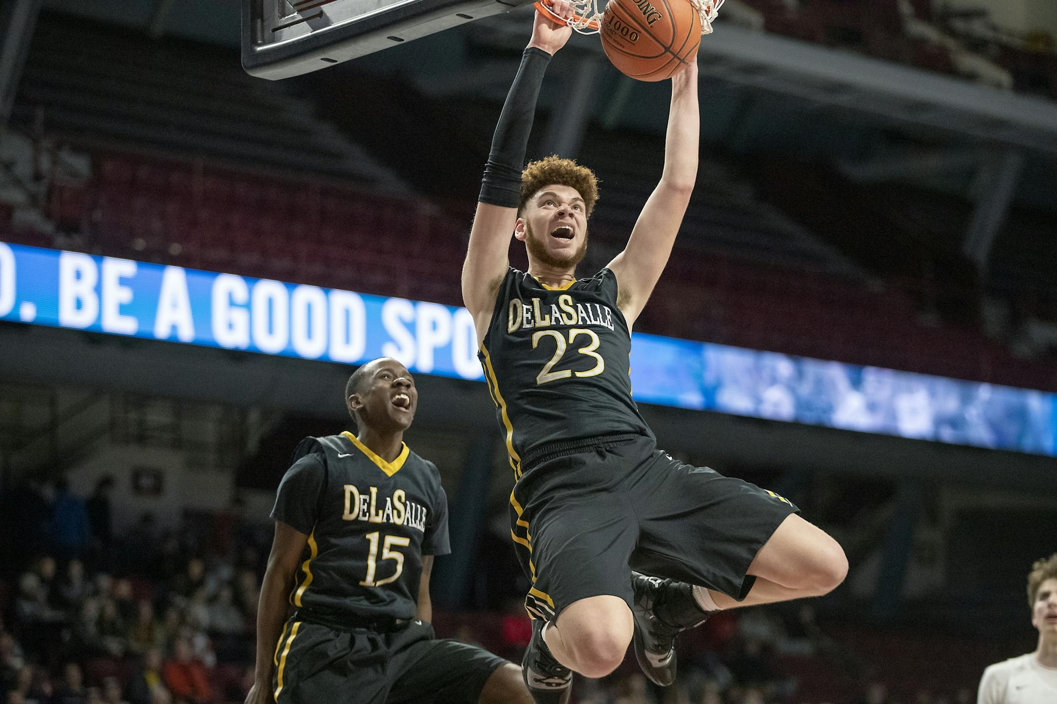 DeLaSalle's Jamison Battle dunked the ball during the second period of their matchup with Bemidji of the boys' basketball state tournament quarterfinals, Wednesday, March 20, 2019 at Williams Arena in Minneapolis, MN.