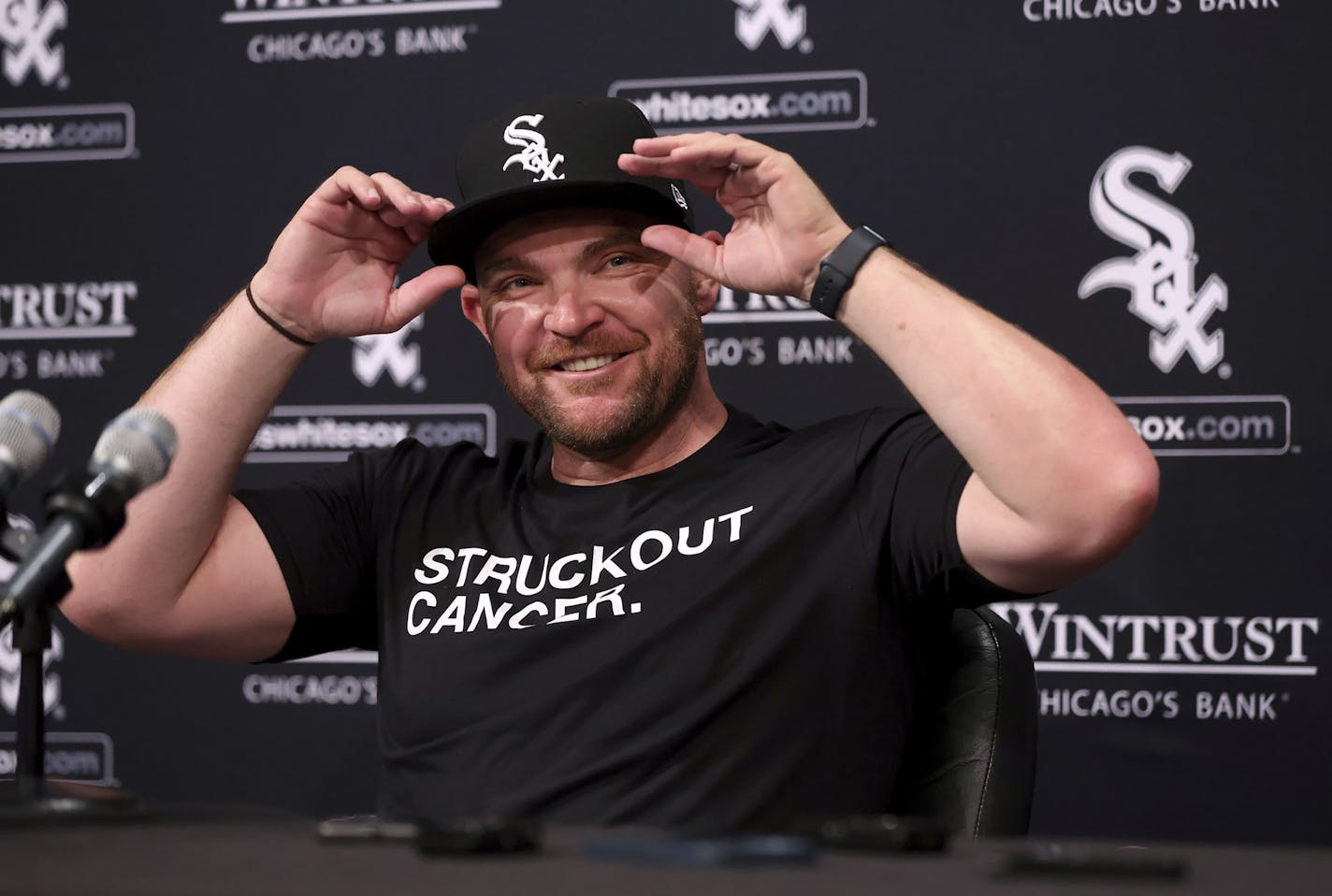 Chicago White Sox pitcher Liam Hendriks speaks about overcoming non-Hodgkin lymphoma during a news conference before a game against the Minnesota Twins on Wednesday, May 3, 2023, at Guaranteed Rate Field in Chicago. (Chris Sweda/Chicago Tribune/TNS) ORG XMIT: 78476368W