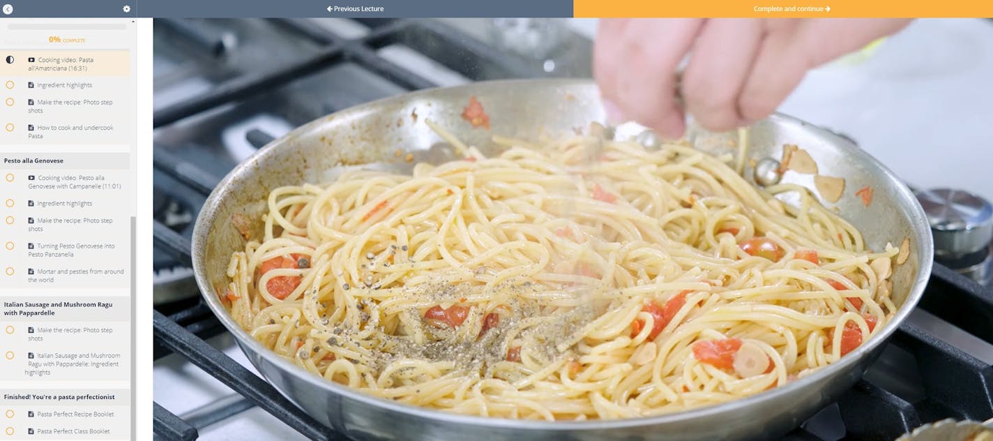 A screenshot of one of Milk Street's cooking classes, on pasta. The online classes are now free with registration.