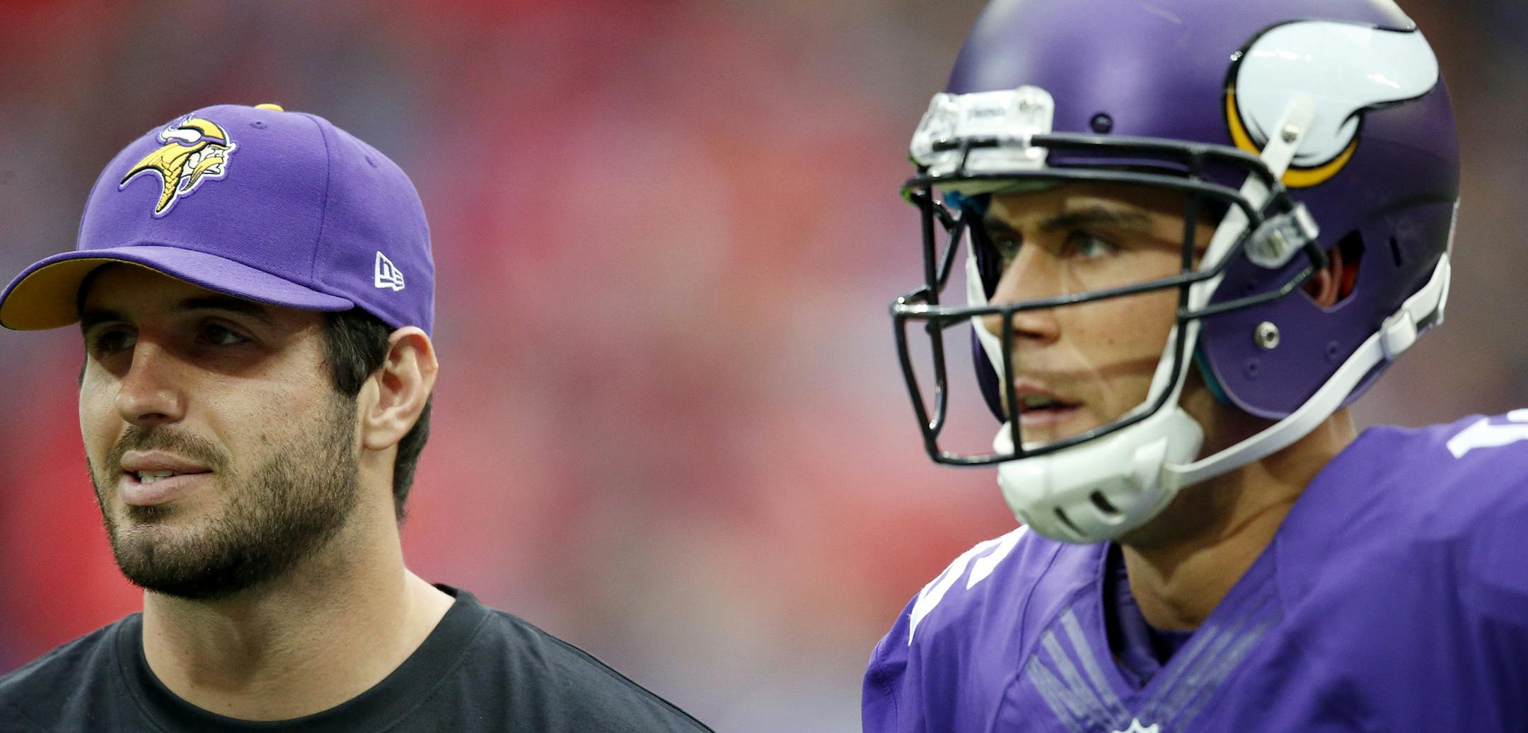 Minnesota Vikings quarterbacks Christian Ponder and Matt Cassel before Sunday's game at Wembley Stadium in London.] CARLOS GONZALEZ cgonzalez@startribune.com September 29, 2013, London, England (Minnesota Vikings in London) Wembley Stadium, NFL, Minnesota Vikings vs. Pittsburg Steelers