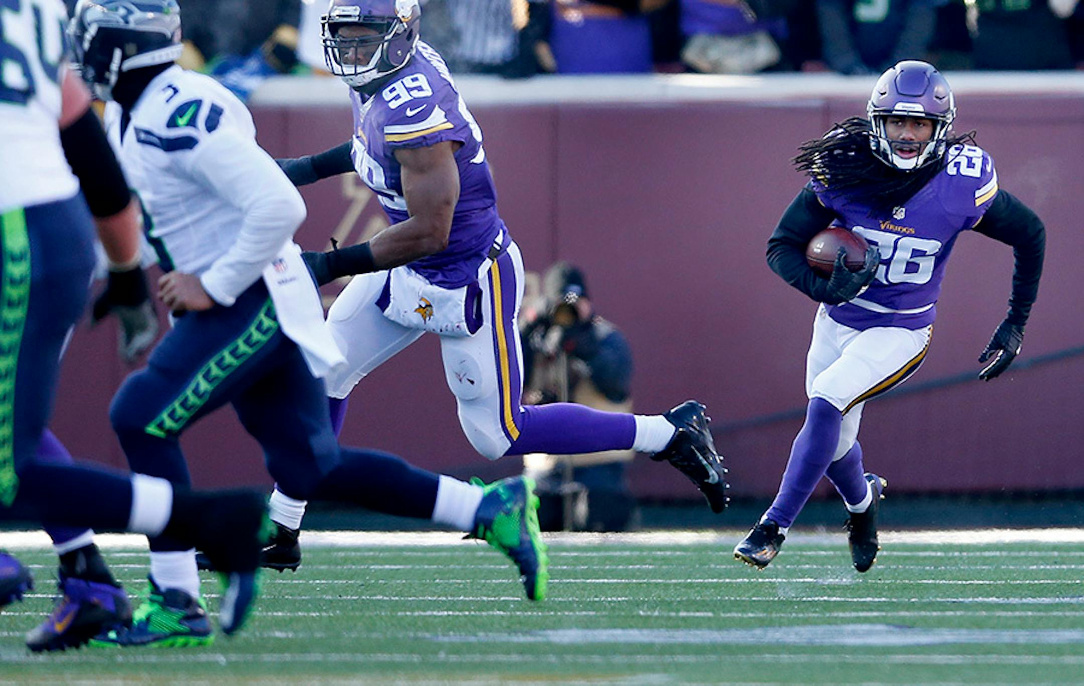 Vikings cornerback Trae Waynes returned an interception against the Seahawks in the third quarter Sunday.