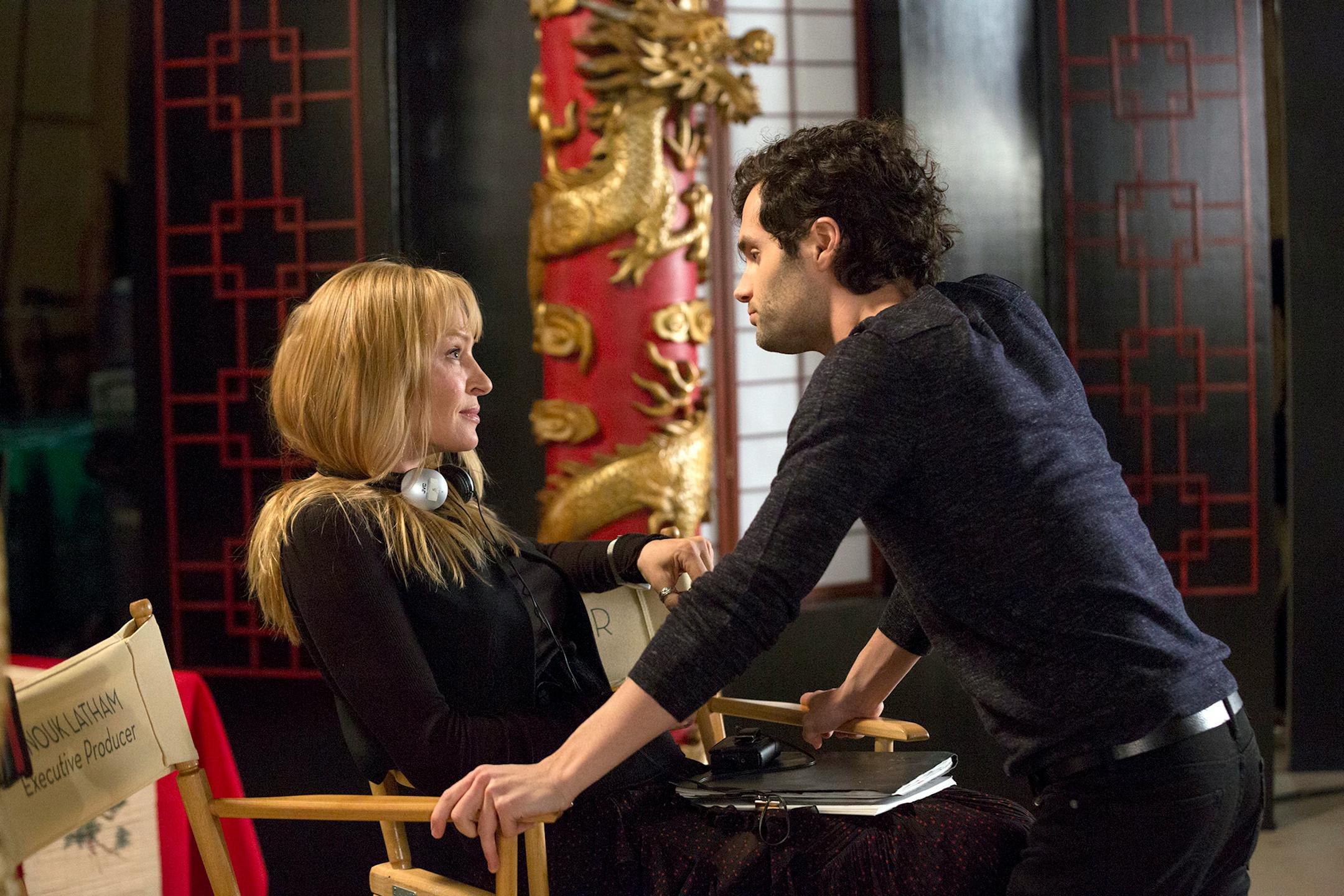THE SLAP -- "Anouk" Episode 102 -- Pictured: (l-r) Uma Thurmam as Anouk, Penn Badgley as Jamie -- (Photo by: Christopher Saunders/NBC)