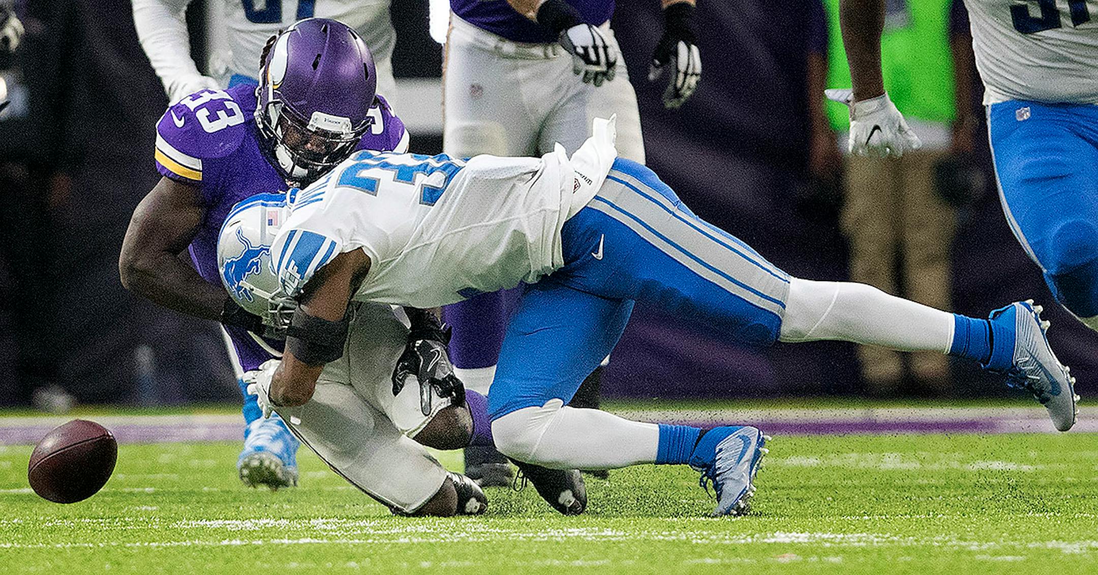 Minnesota Vikings running back Dalvin Cook (33) fumbled after a hit by Tavon Wilson (32) in the third quarter. Cook was injured on the play and did not return to the game.