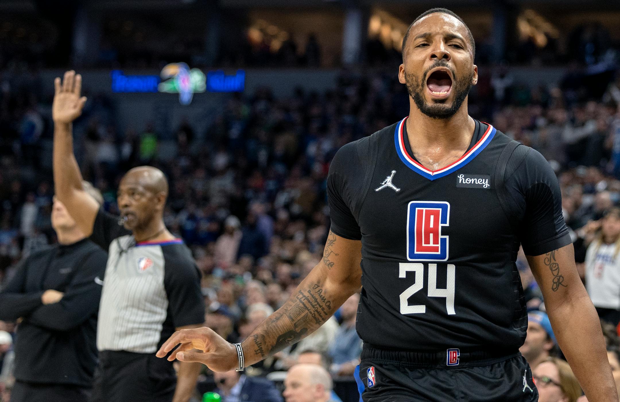 Norman Powell (24) of the Los Angeles Clippers celebrates after a three pointer in the second quarter.