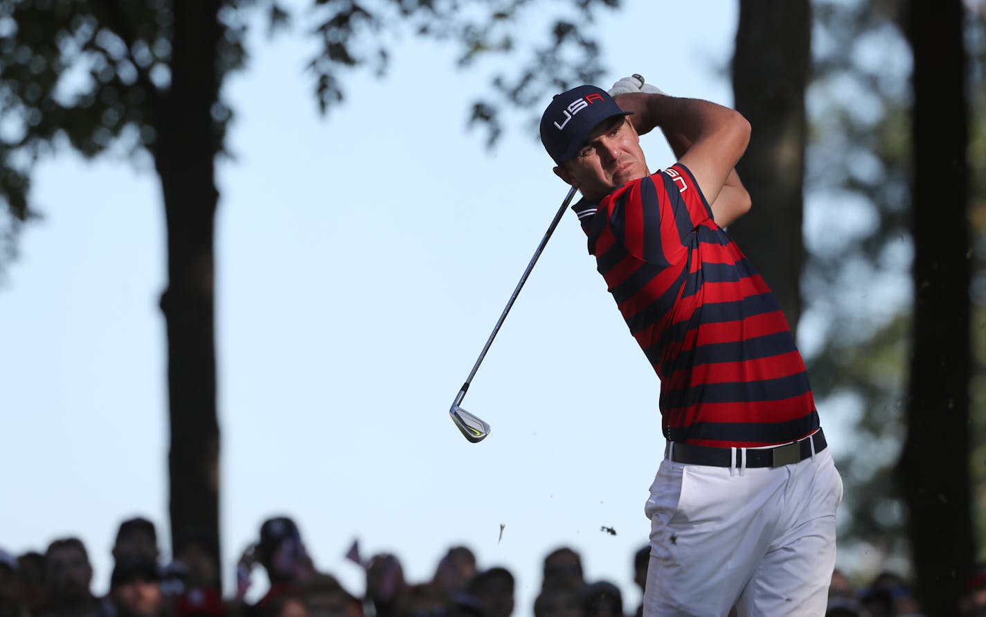 USA&#x2019;s Brooks Koepka teed off on the 12th hole during the morning matches at the Ryder Cup. ] (LEILA NAVIDI/STAR TRIBUNE)
leila.navidi@startribune.com The Ryder Cup was held on Saturday, October 1, 2016 at Hazeltine National Golf Club in Chaska, Minn.