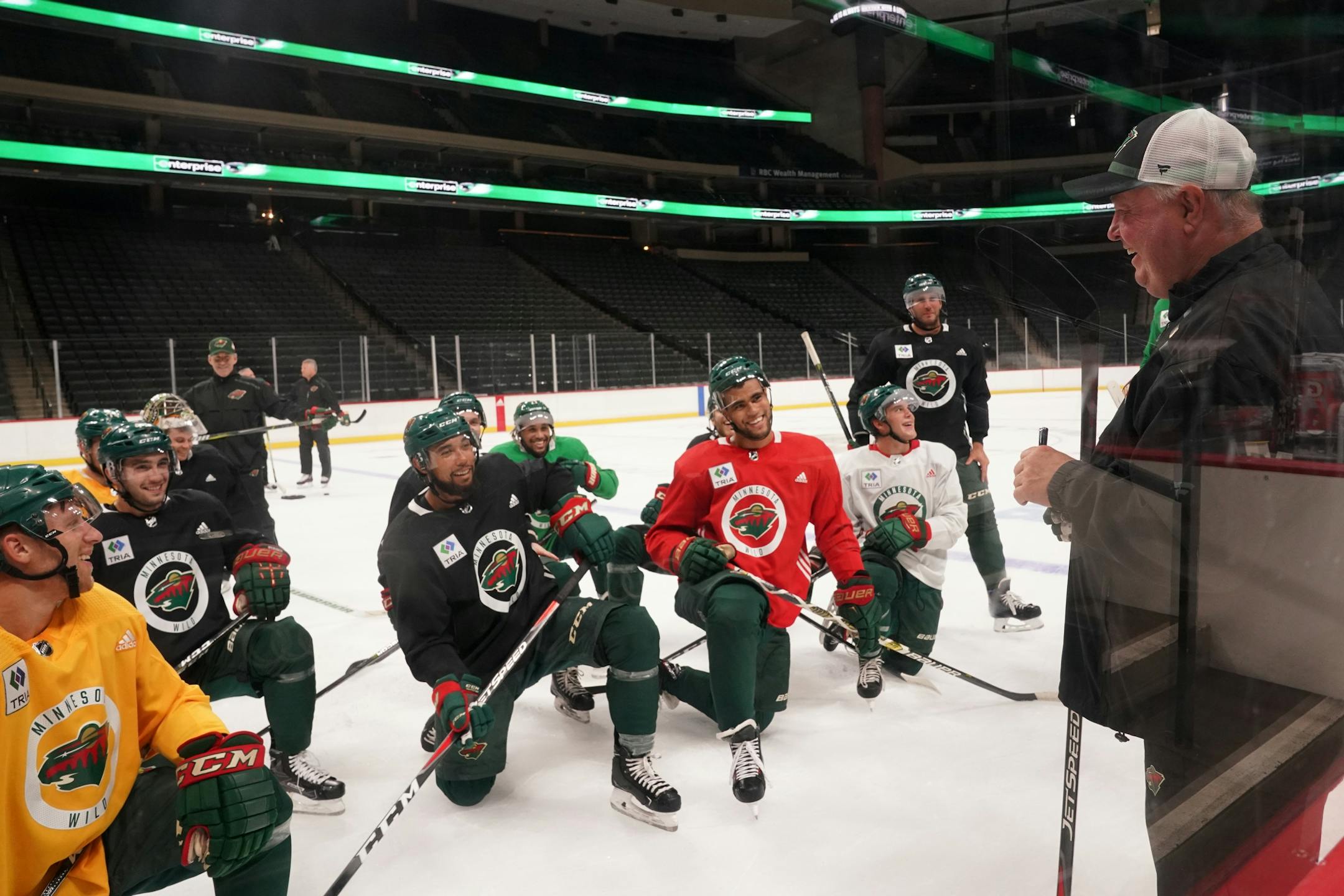 Minnesota Wild head coach Bruce Boudreau joked with his players between drills.