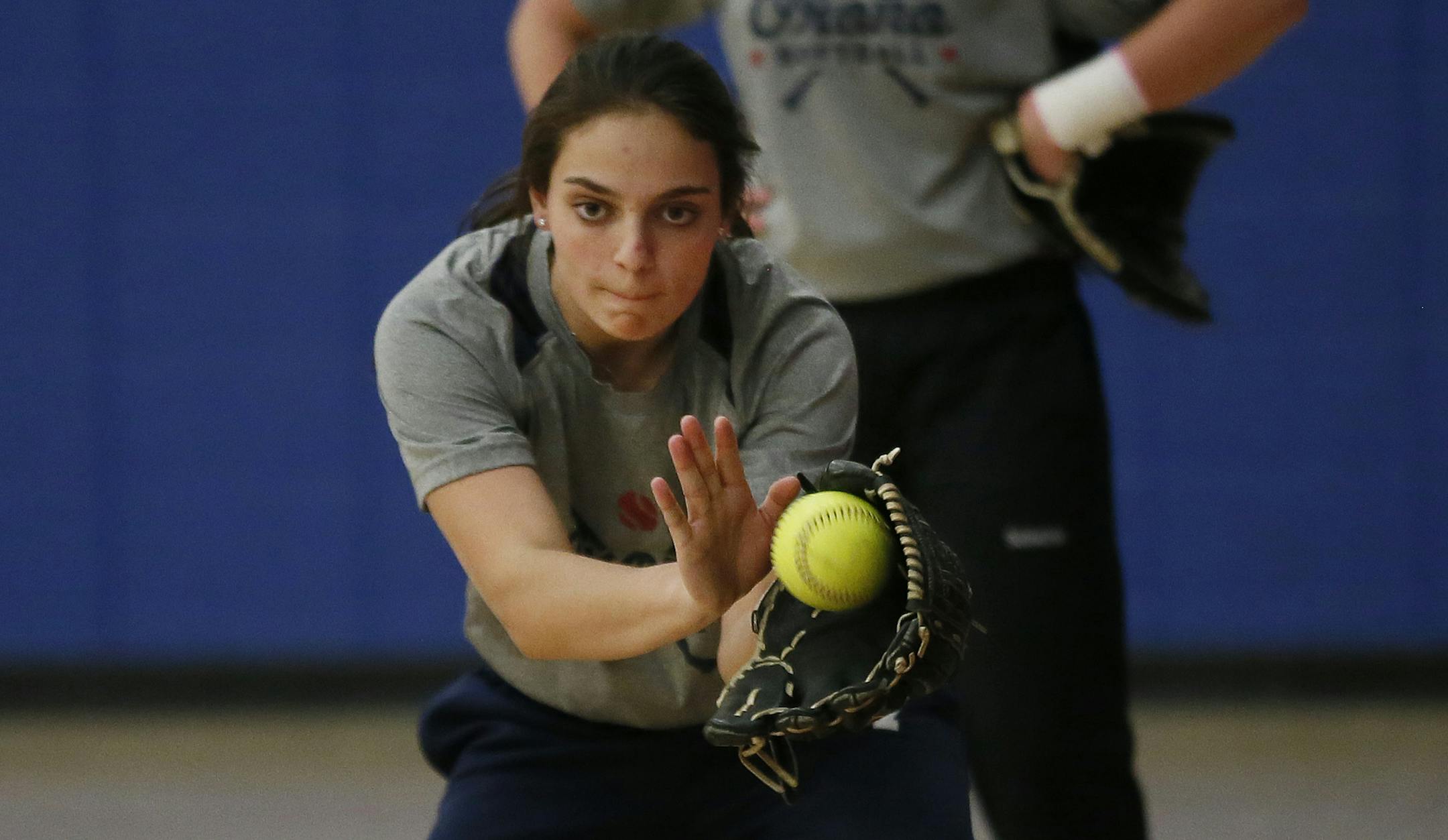 Rebekah Smith a member of the Orono softball team during practice Thursday April 3, 2014 in Long Lake , MN. ]JERRY HOLT jerry.holt@startribune.com