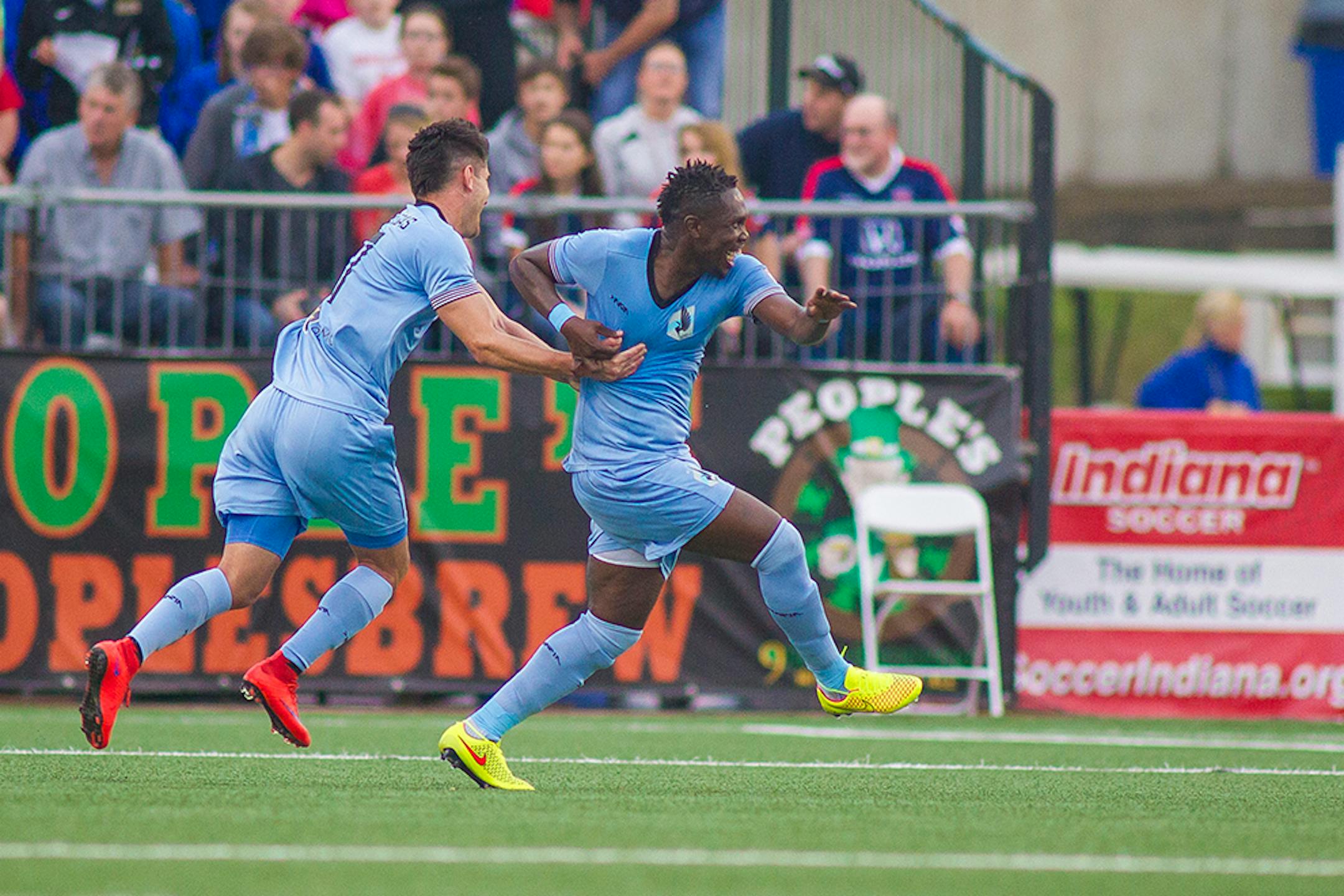 Kalif Alhassan celebrated a goal for the United on Saturday night.