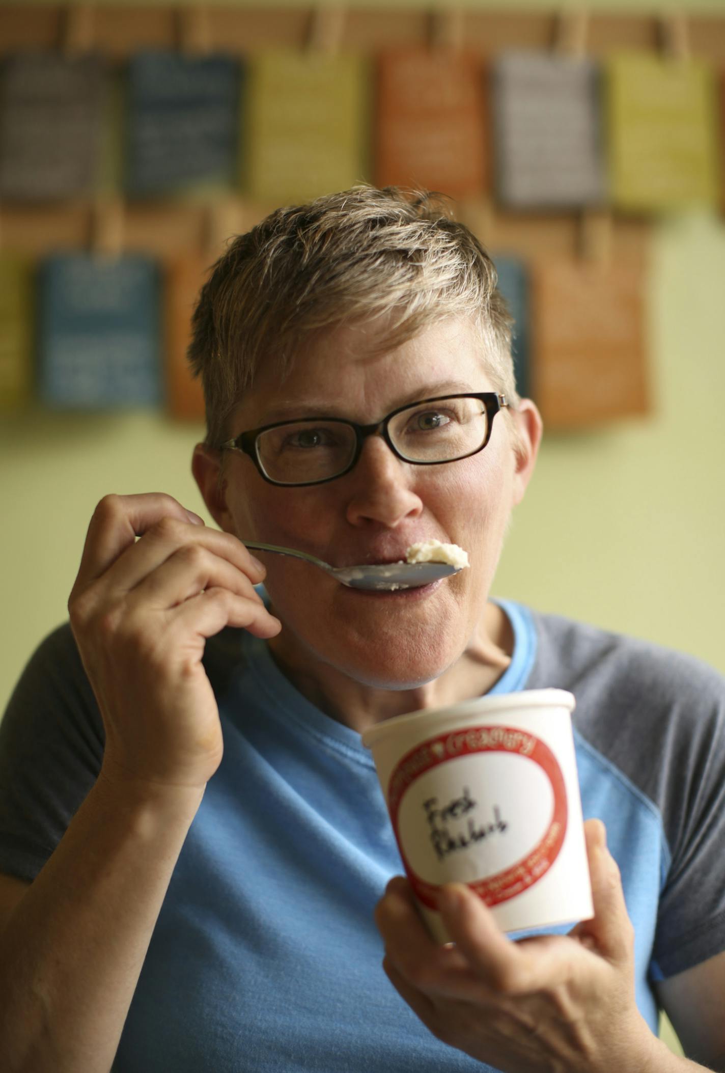 Barb Zapzalka with a pint of her rhubarb ice cream at Pumphouse Creamery.