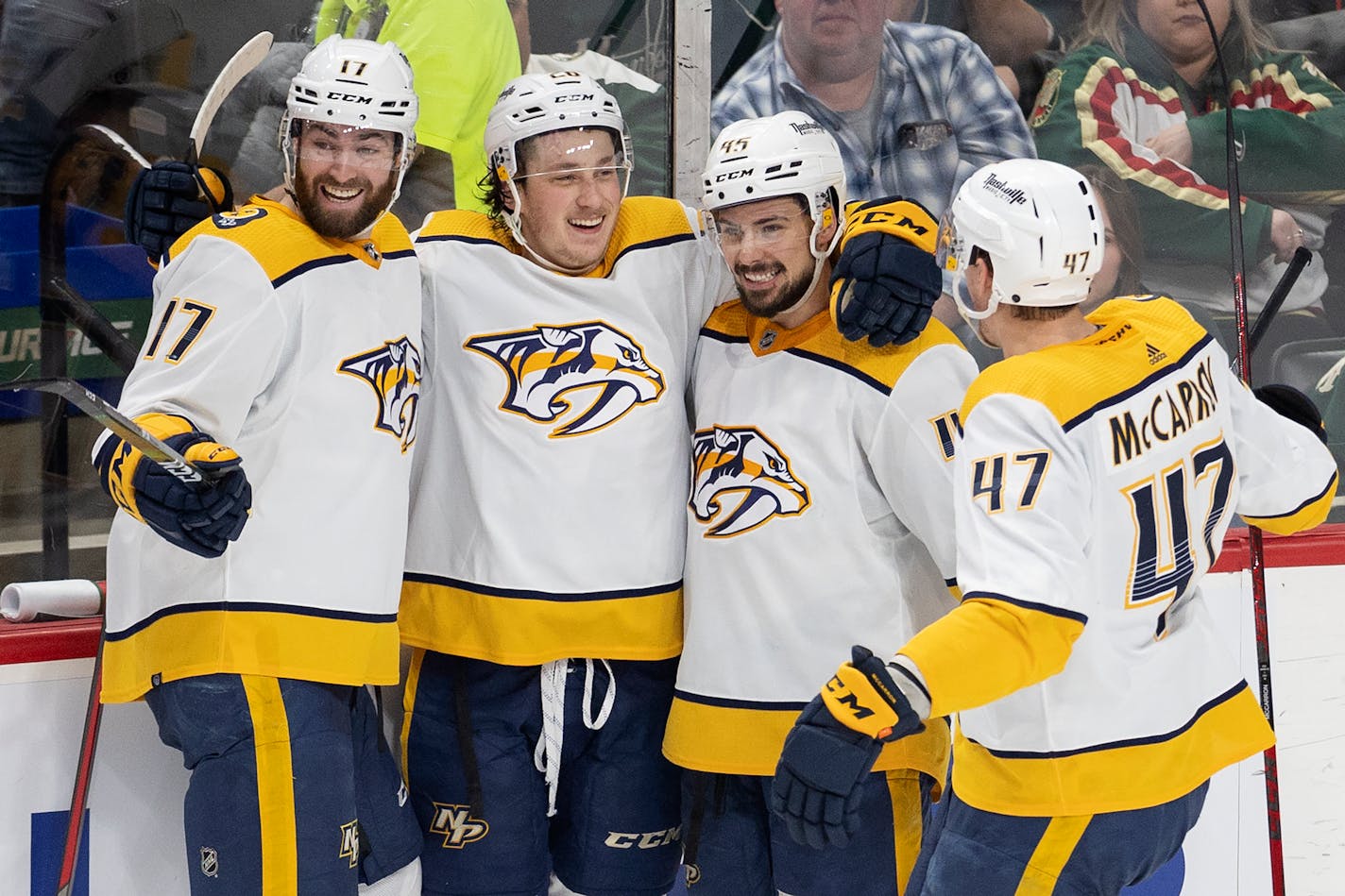 Philip Tomasino (26) of the Nashville Predators celebrates a goal with teammates in the second period Sunday, March 13, at Xcel Energy Center in St. Paul, Minn. ] CARLOS GONZALEZ • cgonzalez@startribune.com