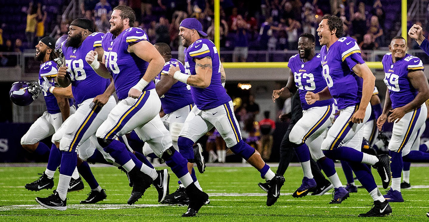 Minnesota Vikings players ran on the field and celebrated at the end of the game. Minnesota beat San Francisco by a final score of 32-21.