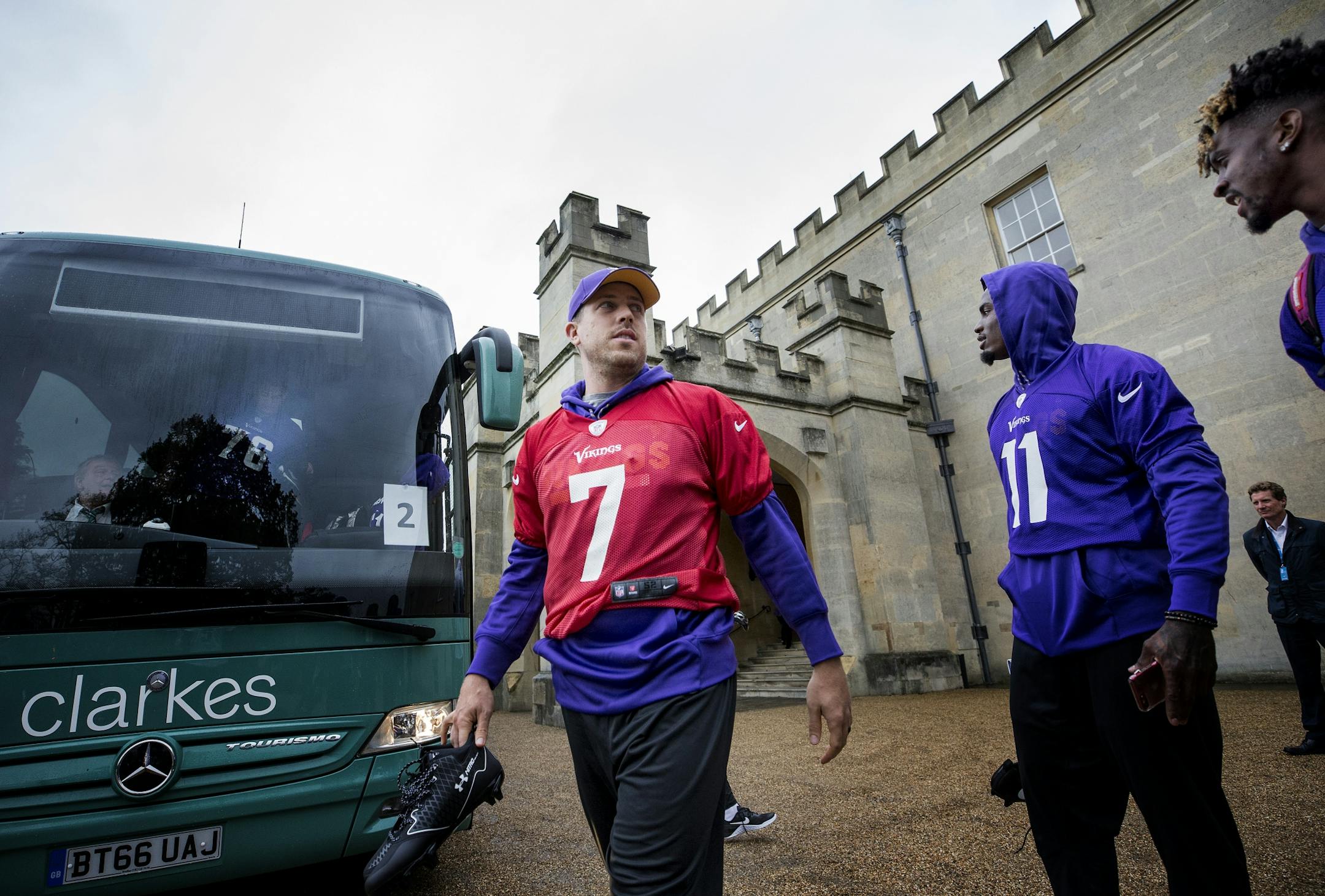Minnesota Vikings quarterback Case Keenum (7) got off the team bus and walked to the practice field at Syon House outside of London in preparation for a game vs. the Cleveland Browns.