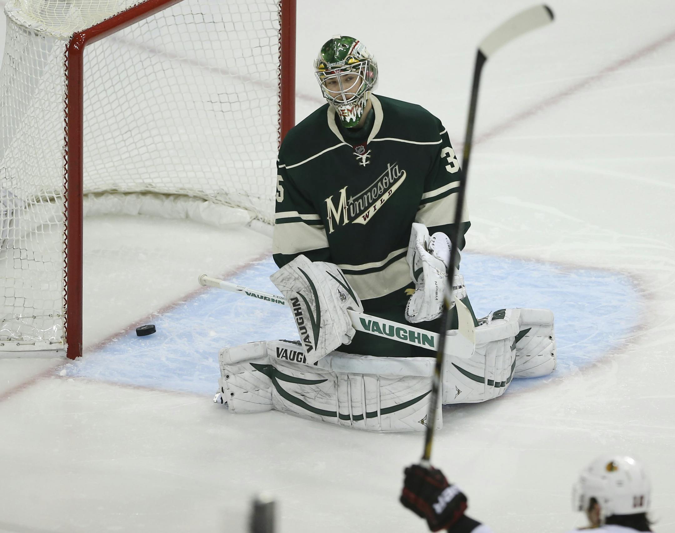 Darcy Kuemper gave up two goals in his emergency relief role for the Wild in a 3-0 loss against the Blackhawks on Tuesday night. He stopped 16 shots in Game 4 after relieving an injured Josh Harding to start the second period.