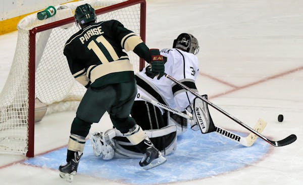 Zach Parise had his shot blocked by Kings goalie Jonathan Quick in the shootout.