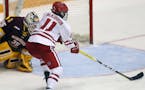 Sydney McKibbon(11) ties up the game for Wisconsin.] UMD women's hockey in WCHA Final against Wisconsin in championship game at Ridder Arena. RICHARD 