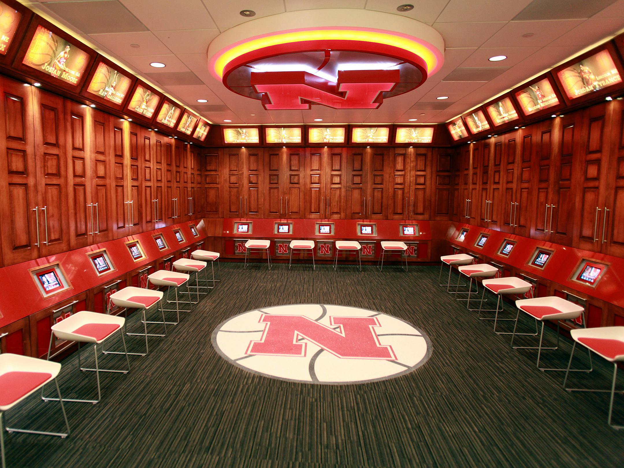 Inside the locker room at the University of Nebraska's $18.7 million Hendricks Training Complex.