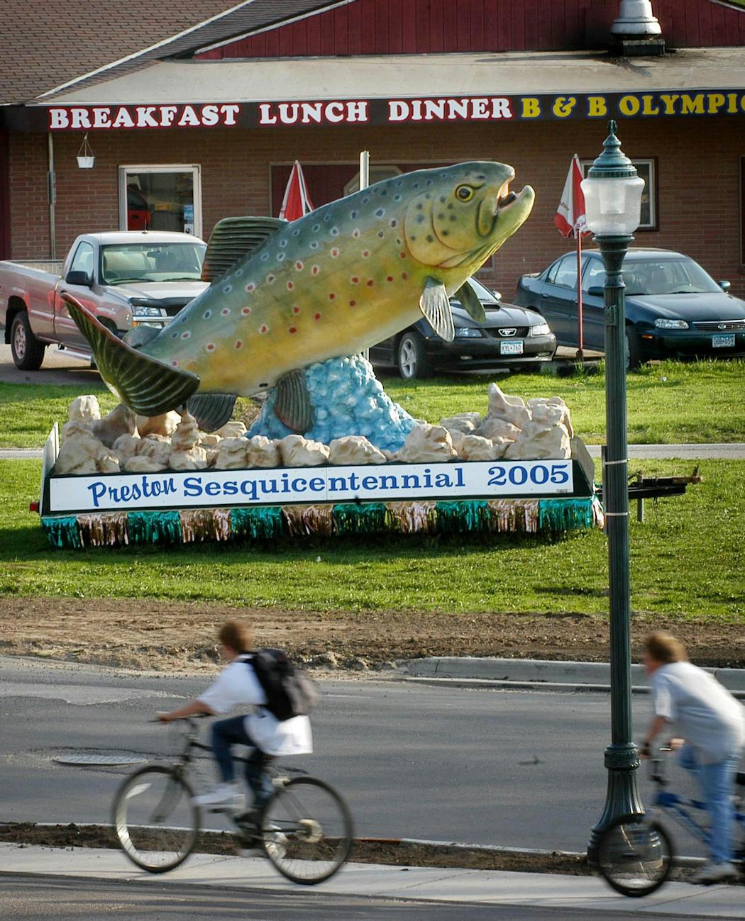 Visitors to Preston are greeted by a huge trout float in the center of town.