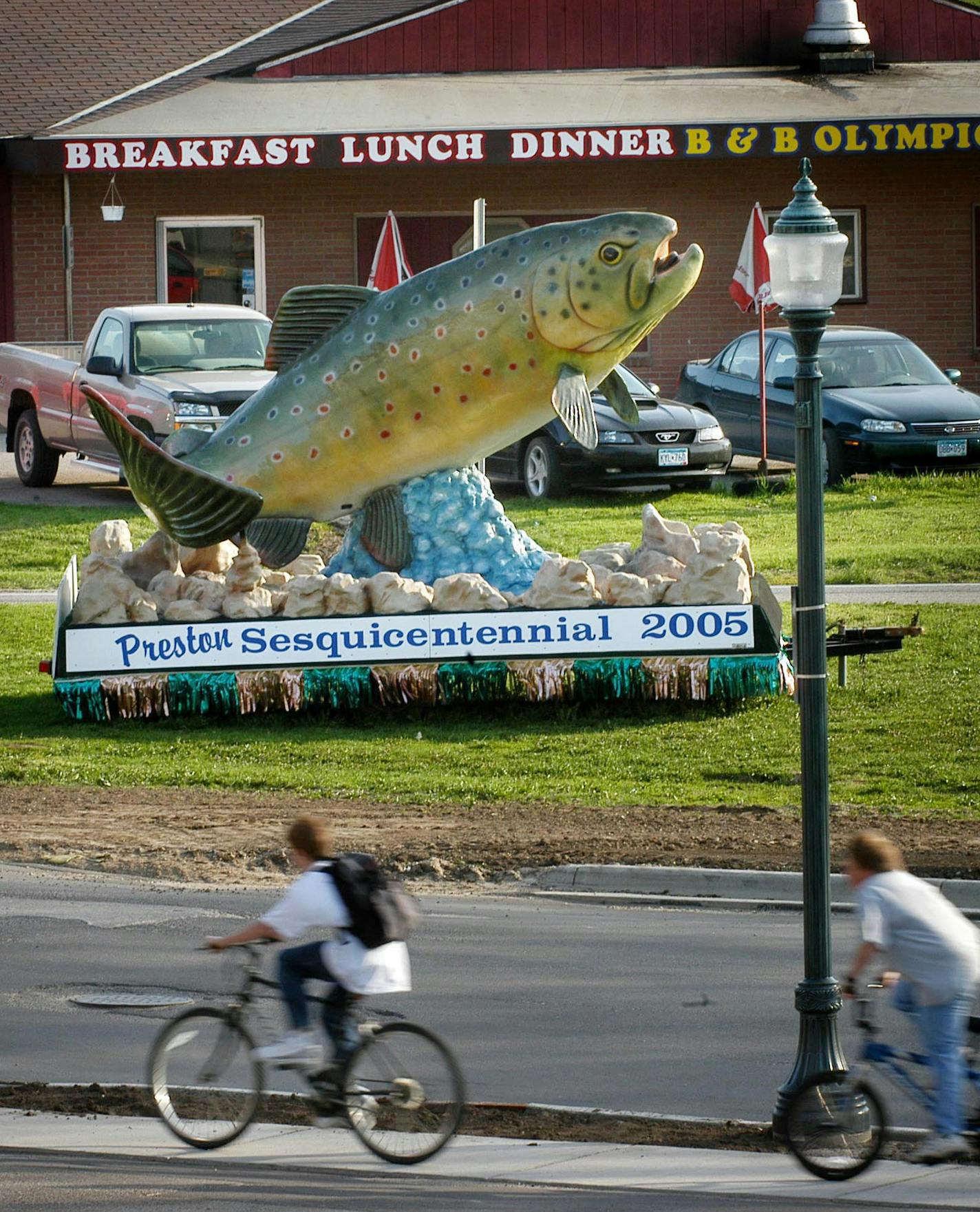 Glen Stubbe/Star Tribune Thursday, April 29, 2004 — Preston, MN — Visitors to Preston are greeted by a huge trout float in the center of town. A reminder that the Root River through Preston is one of the country's finest trout fishing areas. The town of Preston in Southeastern Minnesota is torn over Bob Maust's plan to build a tire shredding and burning plant on the north end of town.