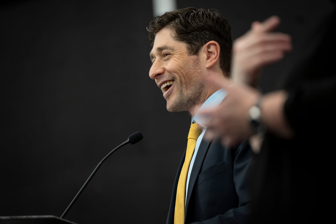 Minneapolis Mayor Jacob Frey gives his State of the City speech to a crowd at the Northstar Center in Minneapolis on Tuesday.