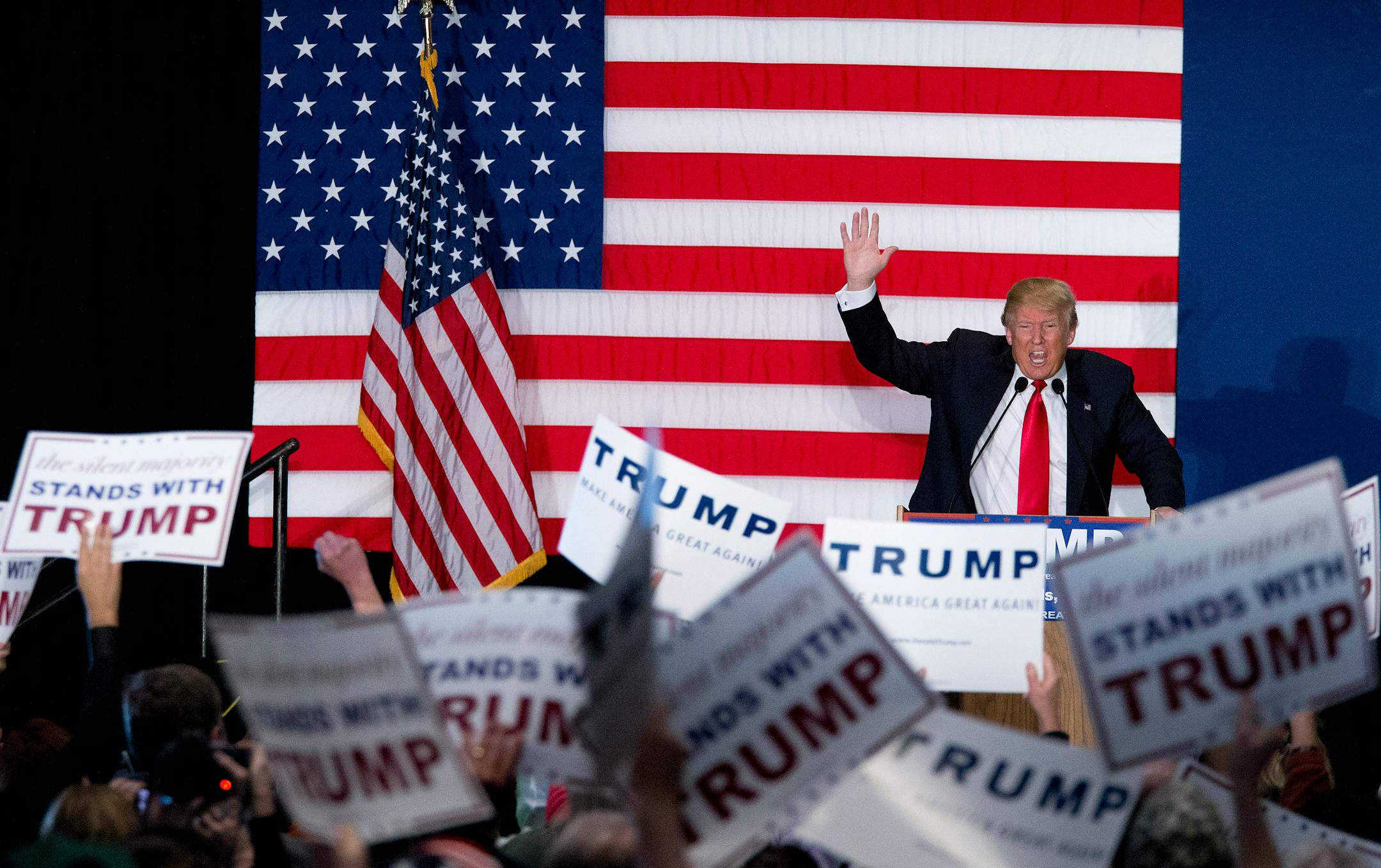 Republican presidential candidate Donald Trump speaks during a campaign event, Monday, Feb. 1, 2016, in Cedar Rapids, Iowa. (AP Photo/Mary Altaffer)
