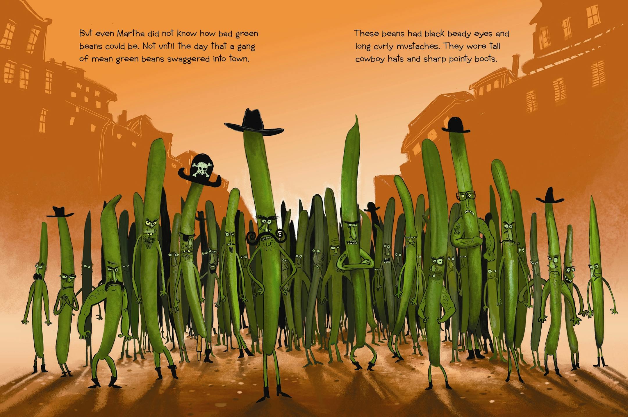 From the book, "How Martha Saved her Parents from Green Beans," by David LaRochelle , illustrated by Mark FEaring.