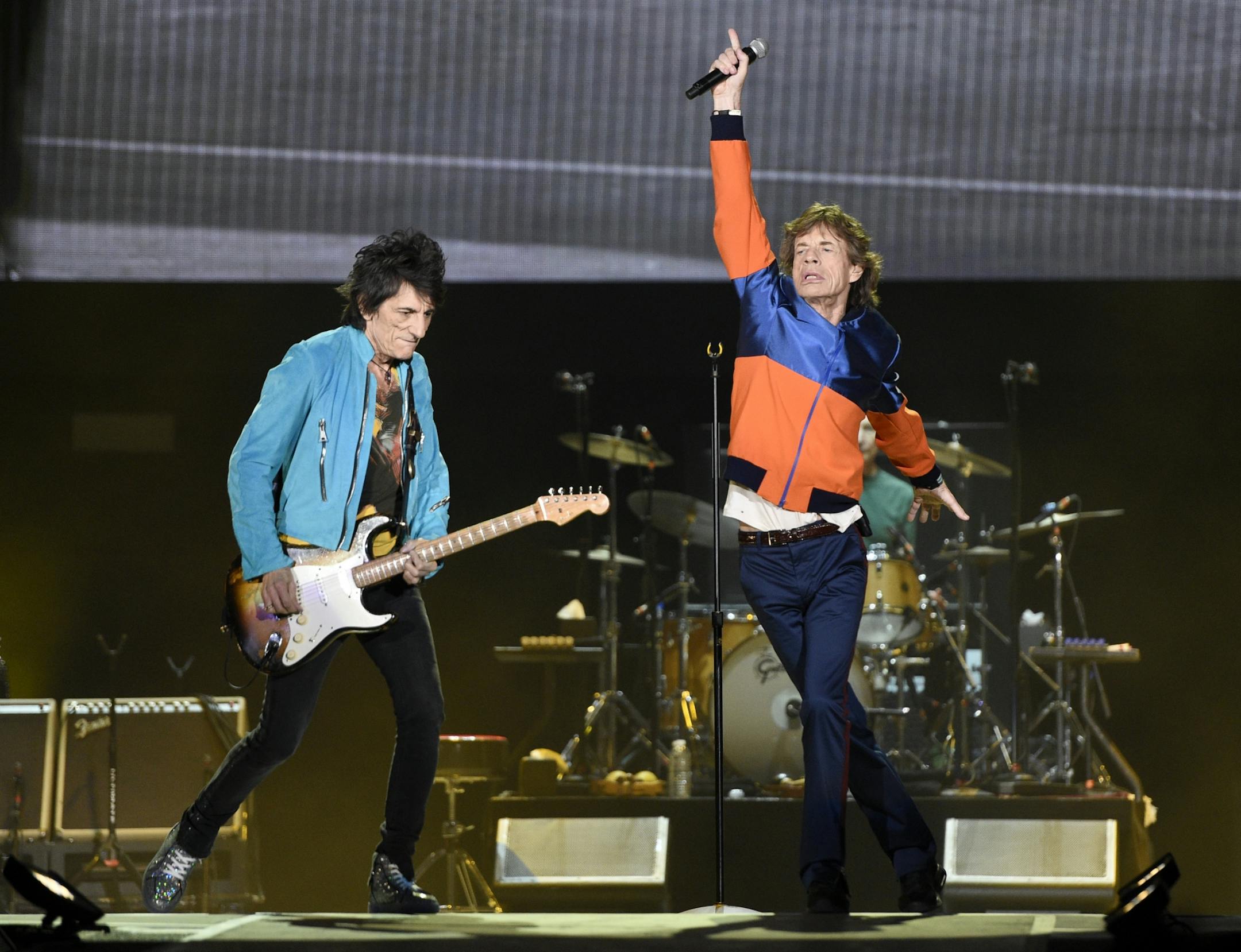 Ron Wood, left, and Mick Jagger of The Rolling Stones perform on day 1 of the 2016 Desert Trip music festival at Empire Polo Field on Friday, Oct. 7, 2016, in Indio, Calif.