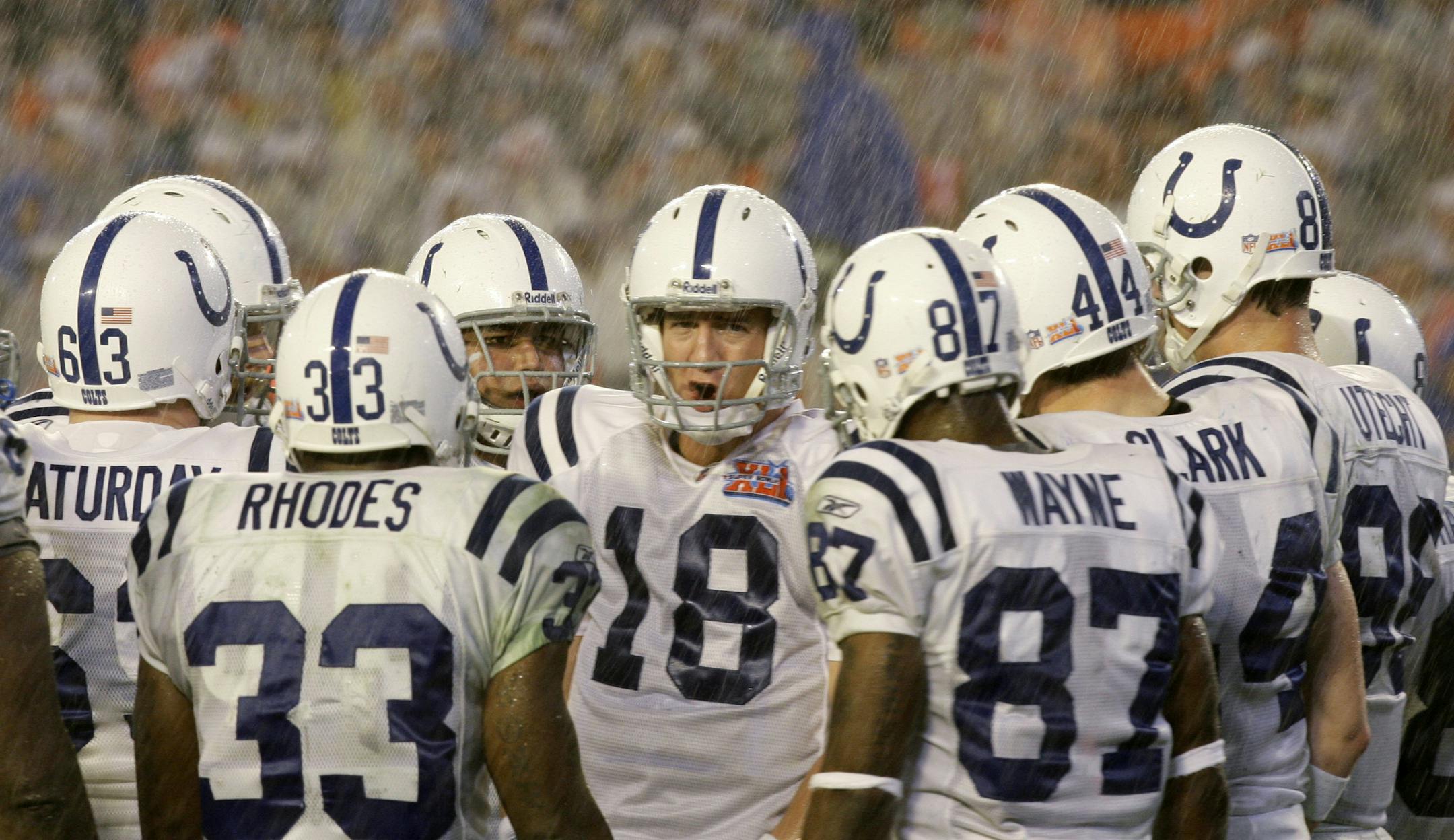 Indianapolis Colts quarterback Peyton Manning (18) directs his team in the huddle in the third quarter of the Super Bowl XLI football game against the Chicago Bears at Dolphin Stadium in Miami on Sunday, Feb. 4, 2007. (AP Photo/Alex Brandon) ORG XMIT: SB274