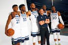 Timberwolves head coach Ryan Saunders poses with players, from left: Jarrett Culver, Robert Covington, Karl-Anthony Towns, Andrew Wiggins and Josh Oko